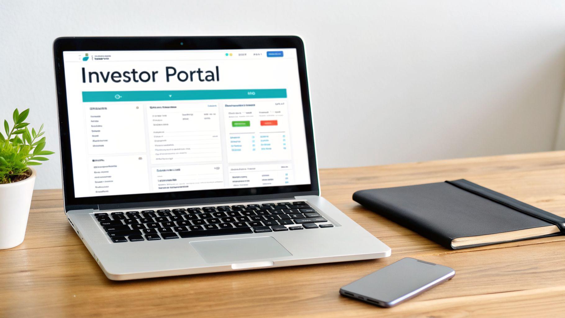 A laptop on a wooden desk displays an 'Investor Portal' webpage, next to a black notebook and smartphone.