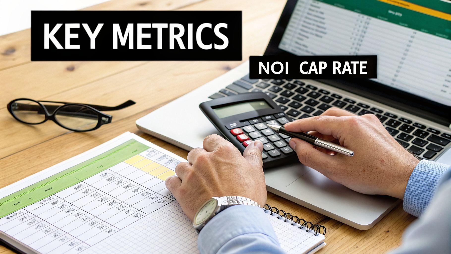 A person calculates key financial metrics, including NOI Cap Rate, using a calculator and laptop on a desk.