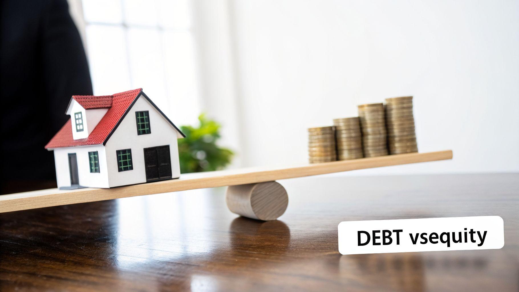 A wooden seesaw with a model house on one side and increasing stacks of coins on the other, illustrating debt versus equity.