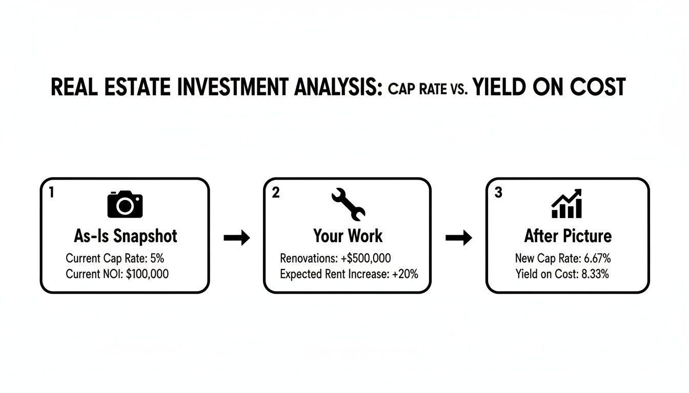 A real estate investment analysis flowchart illustrating cap rate vs. yield on cost stages.