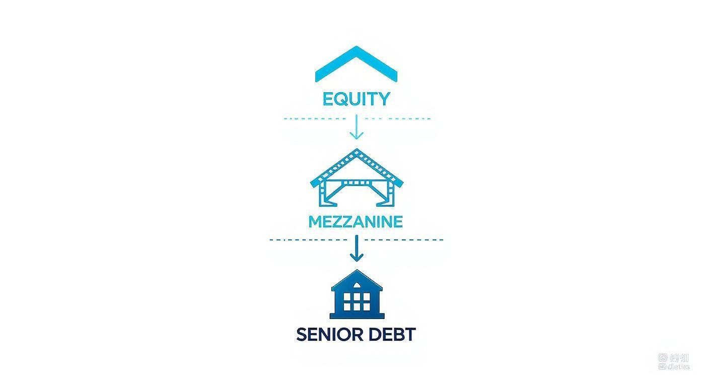 Diagram showing hierarchy of real estate financing from equity through mezzanine to senior debt levels