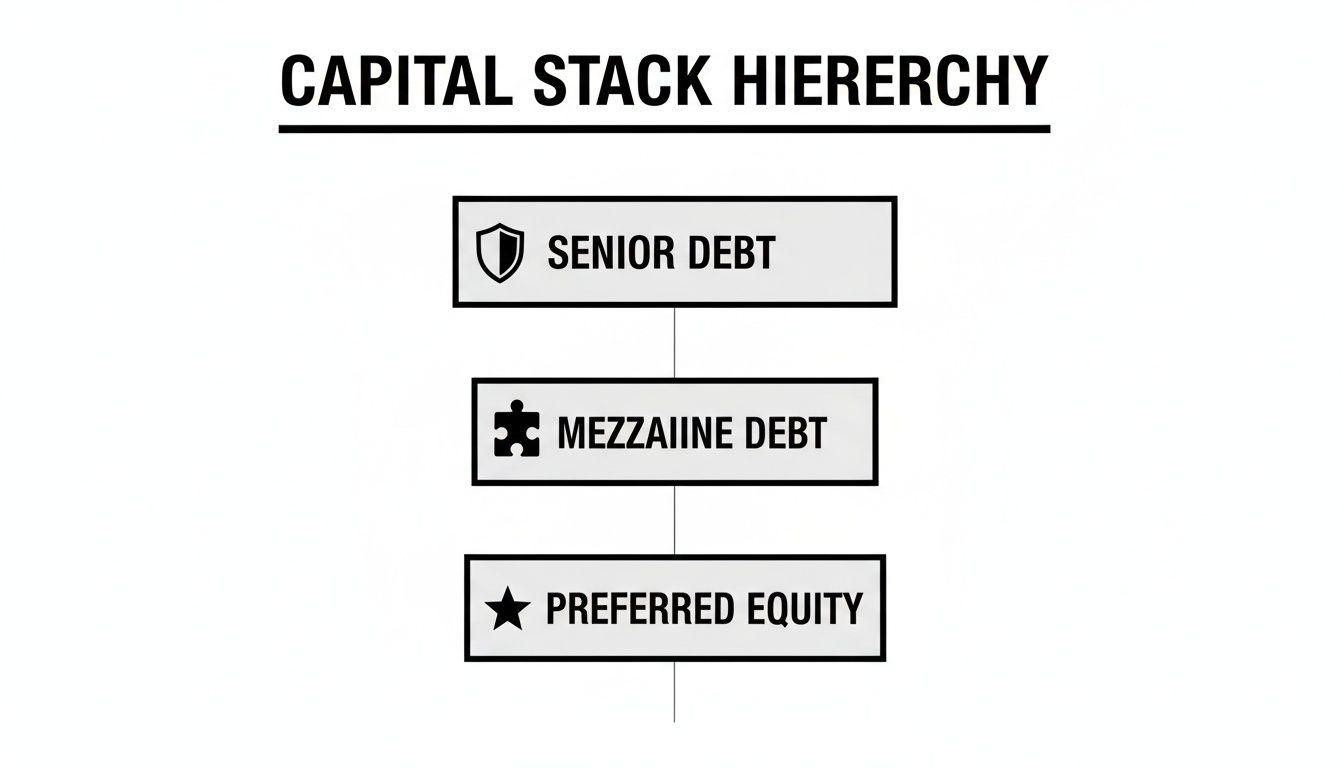 A capital stack hierarchy diagram illustrating senior debt, mezzanine debt, and preferred equity levels.