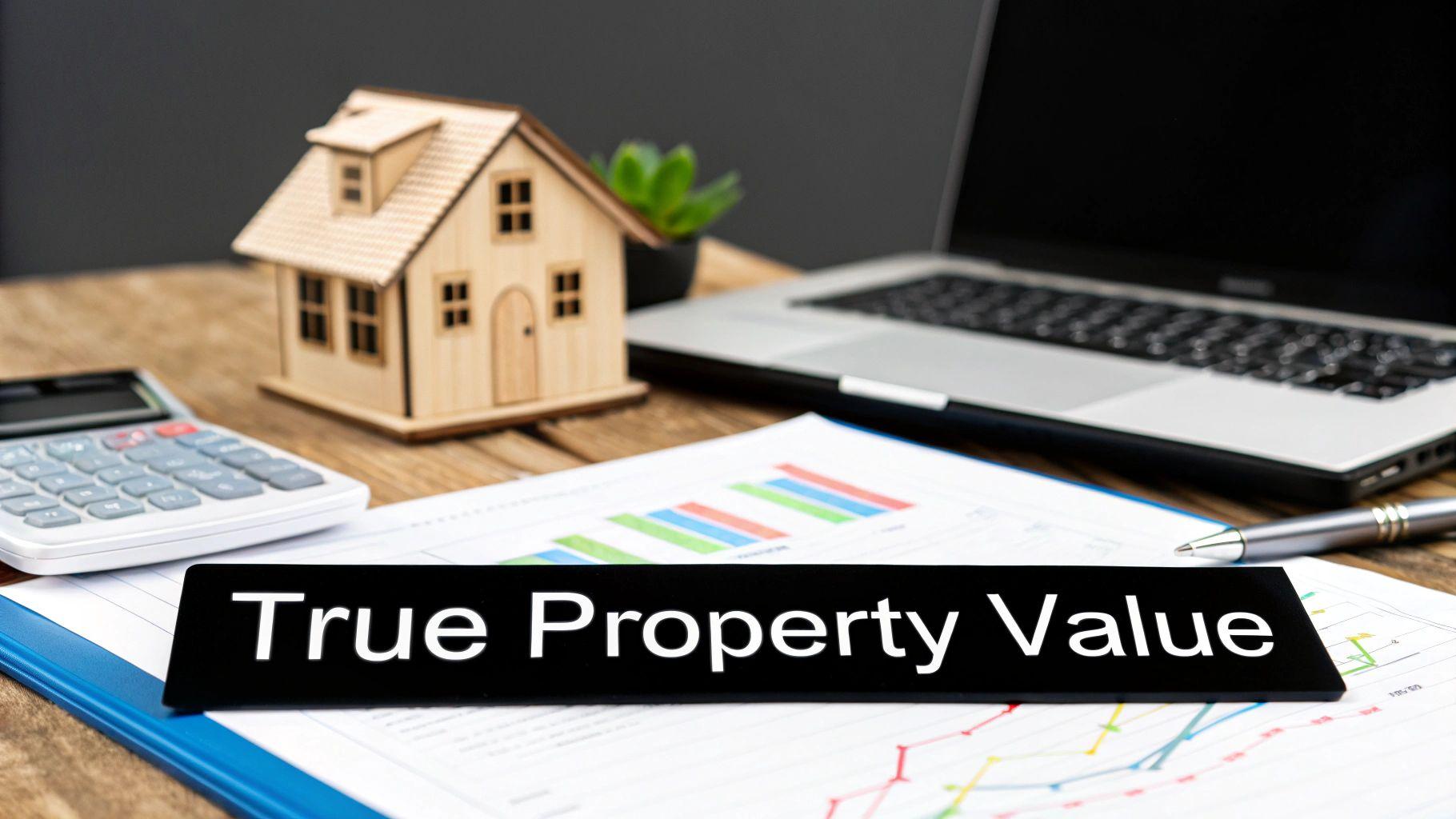 Miniature wooden house model with calculator, laptop, and financial charts showing true property value assessment