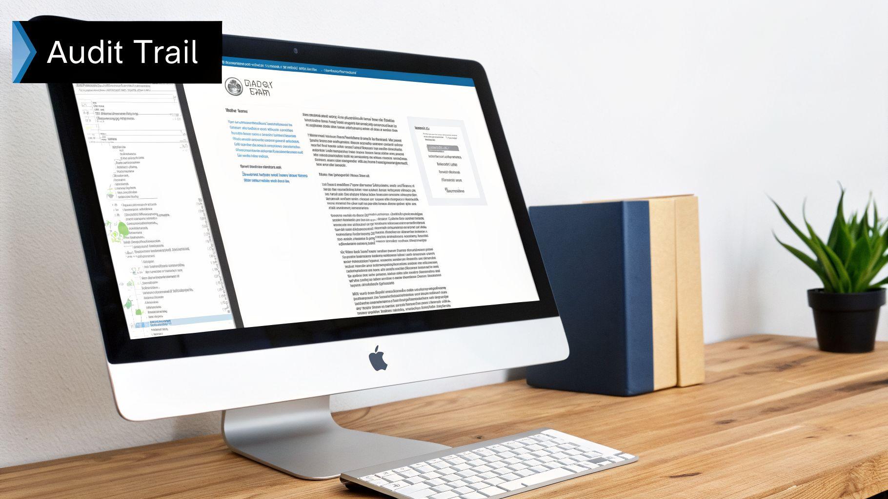 A desktop computer displaying an 'Audit Trail' interface on a wooden desk with a plant.