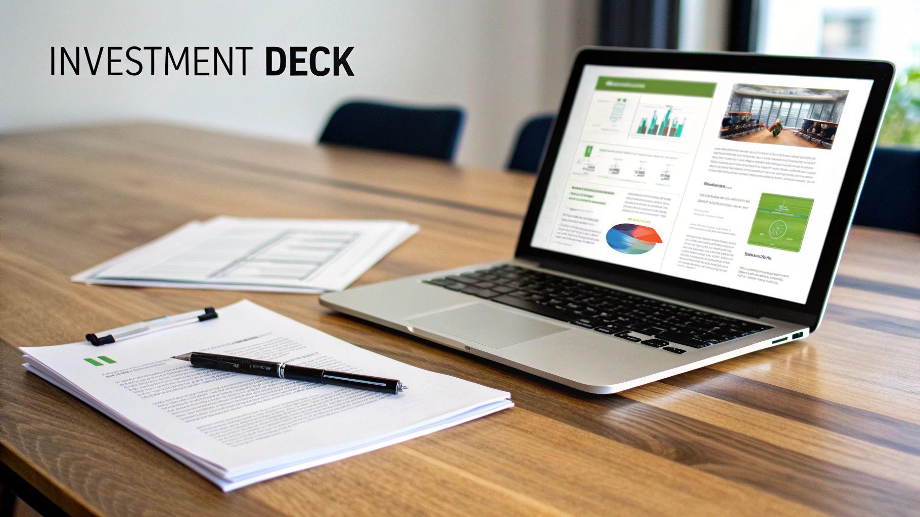 A laptop showing an investment deck with charts and photos, alongside documents and a pen on a wooden table.
