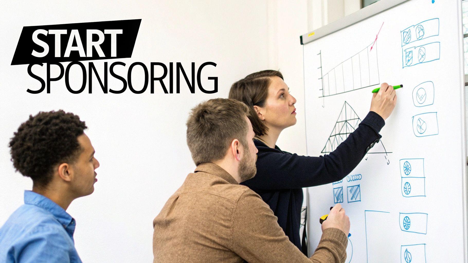 Three colleagues collaborate on a whiteboard, drawing charts and diagrams, with 'START SPONSORING' text.