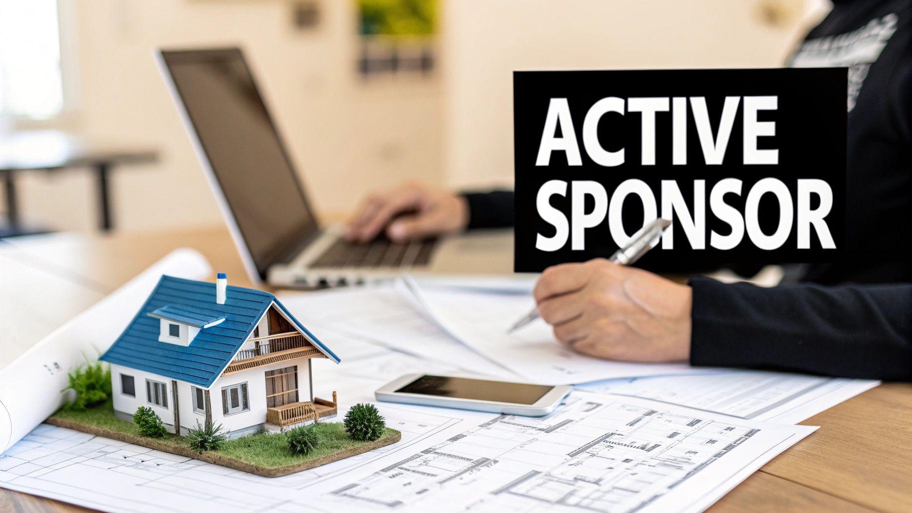 A person works at a desk with a laptop, house model, blueprints, and an 'ACTIVE SPONSOR' sign.