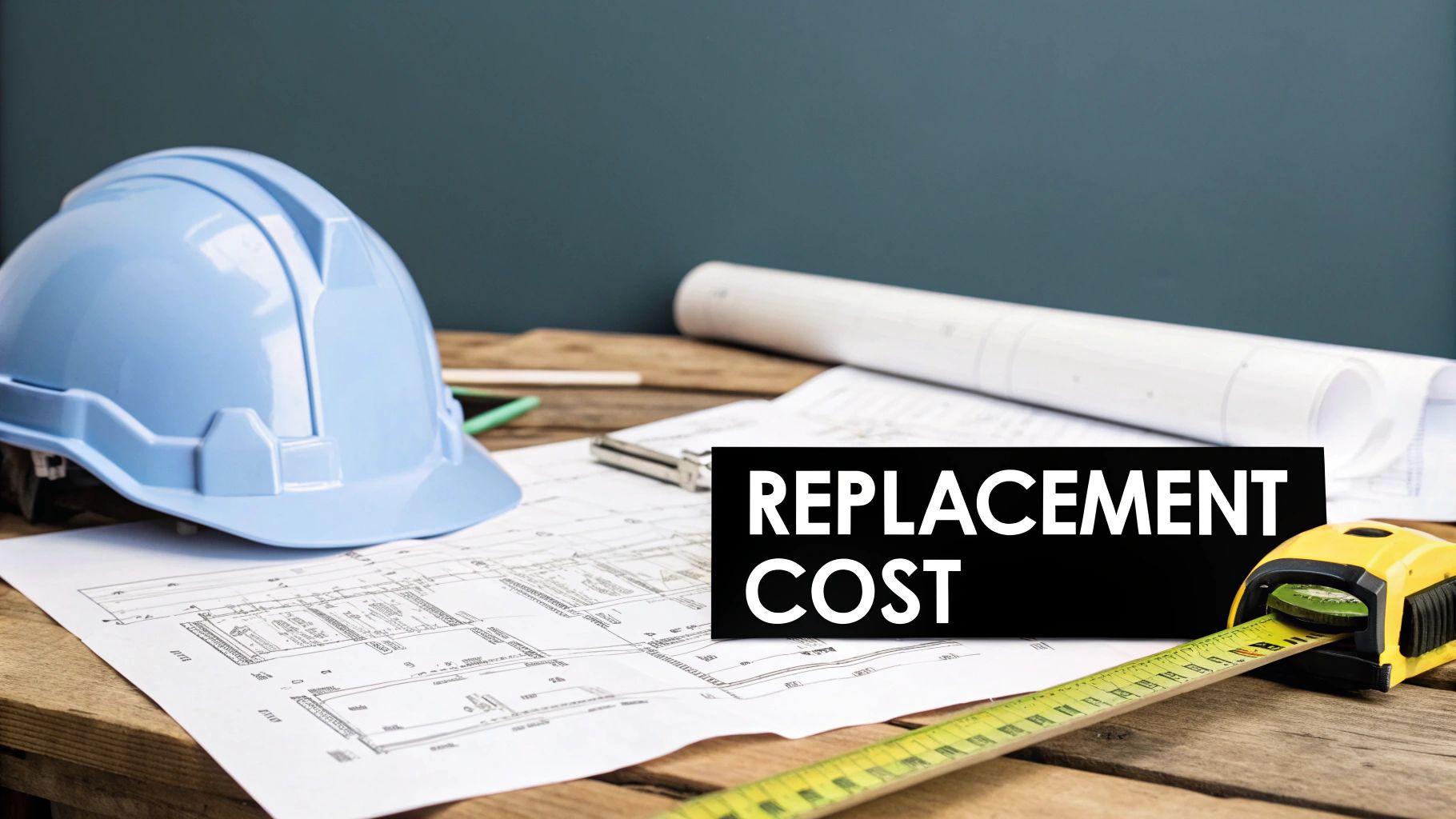 Construction blueprints with hard hat, measuring tape, and rolled plans showing replacement cost estimation