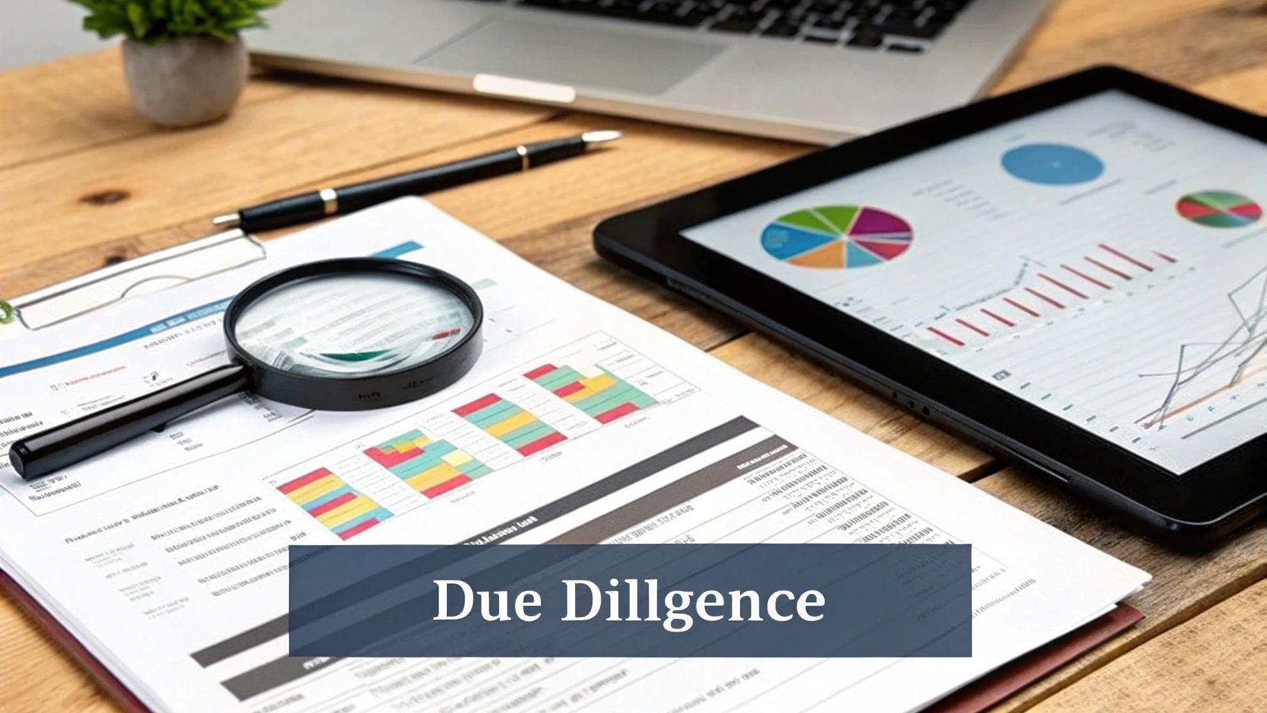 Desk with magnifying glass on financial documents, tablet showing charts, laptop, and 'Due Dillgence' text.