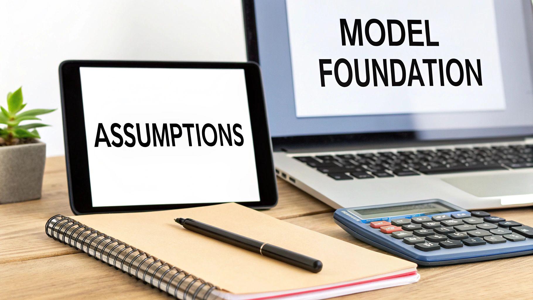 A desk with a laptop displaying "MODEL FOUNDATION" and a tablet showing "ASSUMPTIONS", plus a calculator.