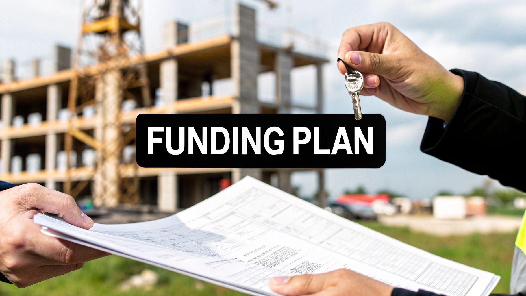 A blueprint of a property with construction tools and a calculator, illustrating the financing and planning phase of a value-add project.