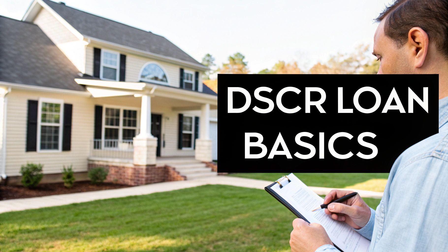A person using a calculator with financial documents and a property model, illustrating the DSCR calculation process.