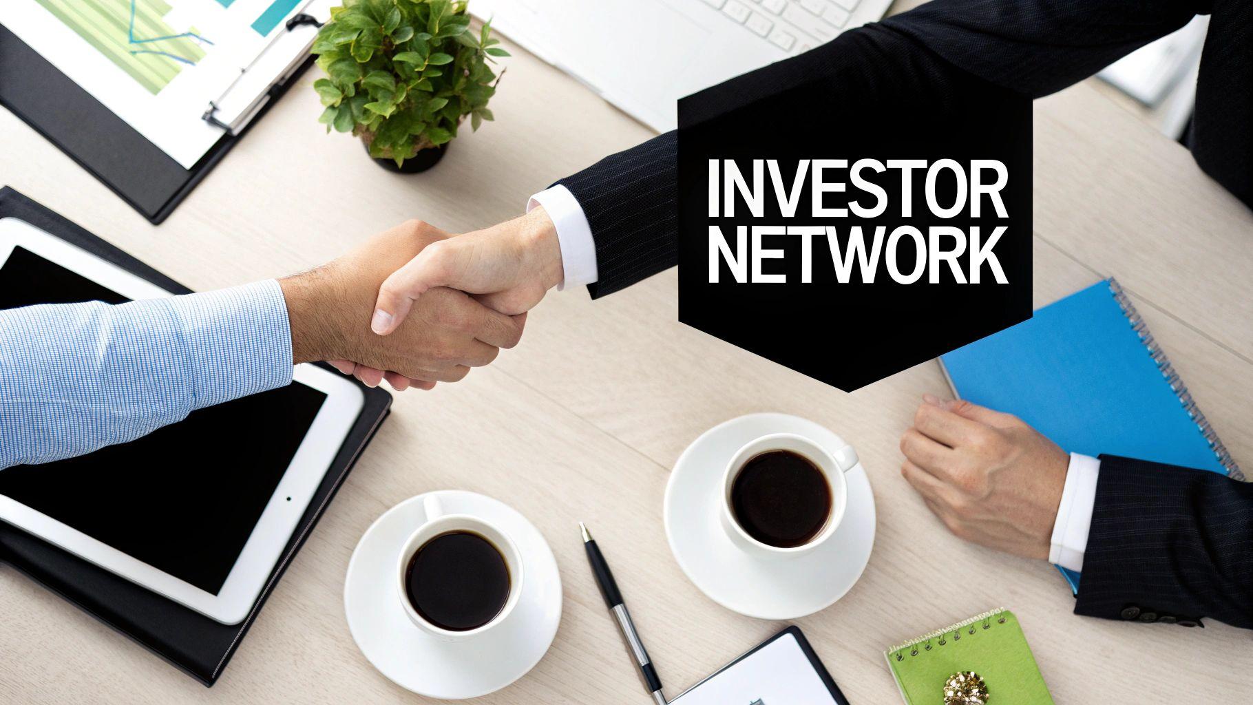 Two businessmen shaking hands across a desk, with coffee cups and an 'INVESTOR NETWORK' text overlay.