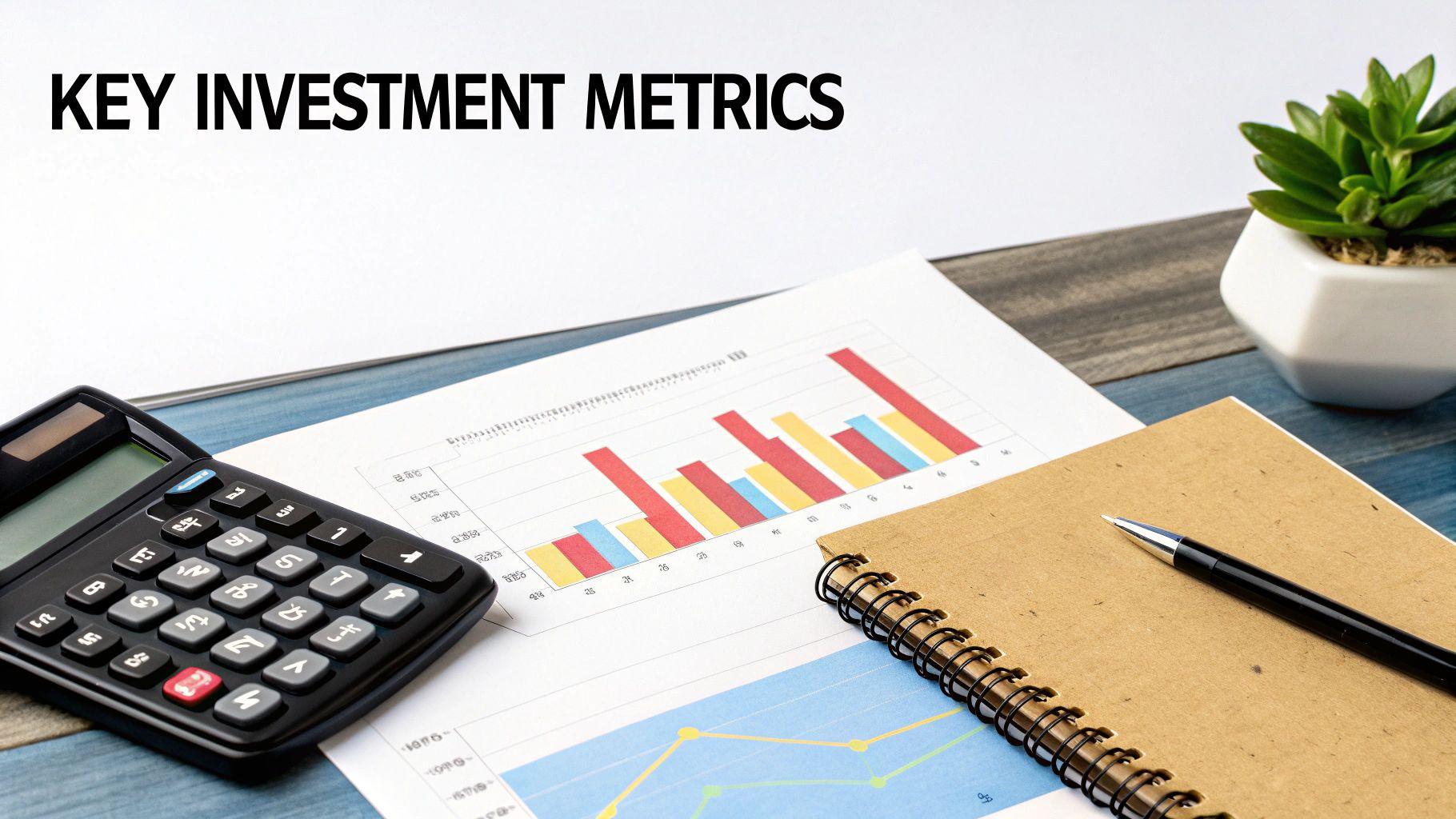 A desk setup displaying key investment metrics text, calculator, financial graphs, and a notebook with a pen.