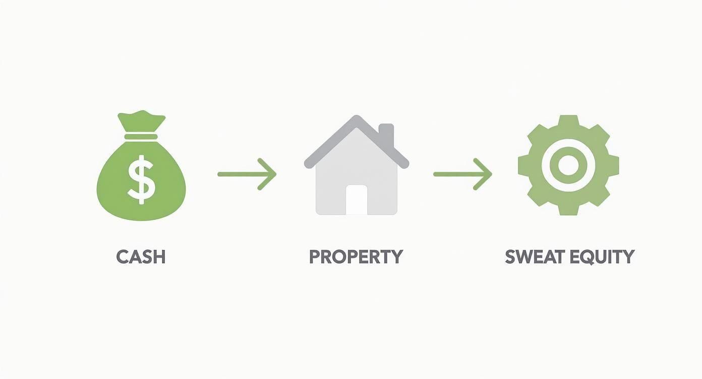 Infographic showing the flow from cash, property, and sweat equity into a partnership.