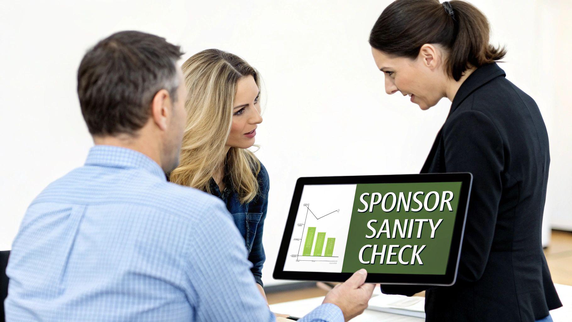 A real estate sponsor presenting an investment opportunity on a tablet, with charts and graphs showing positive trends.