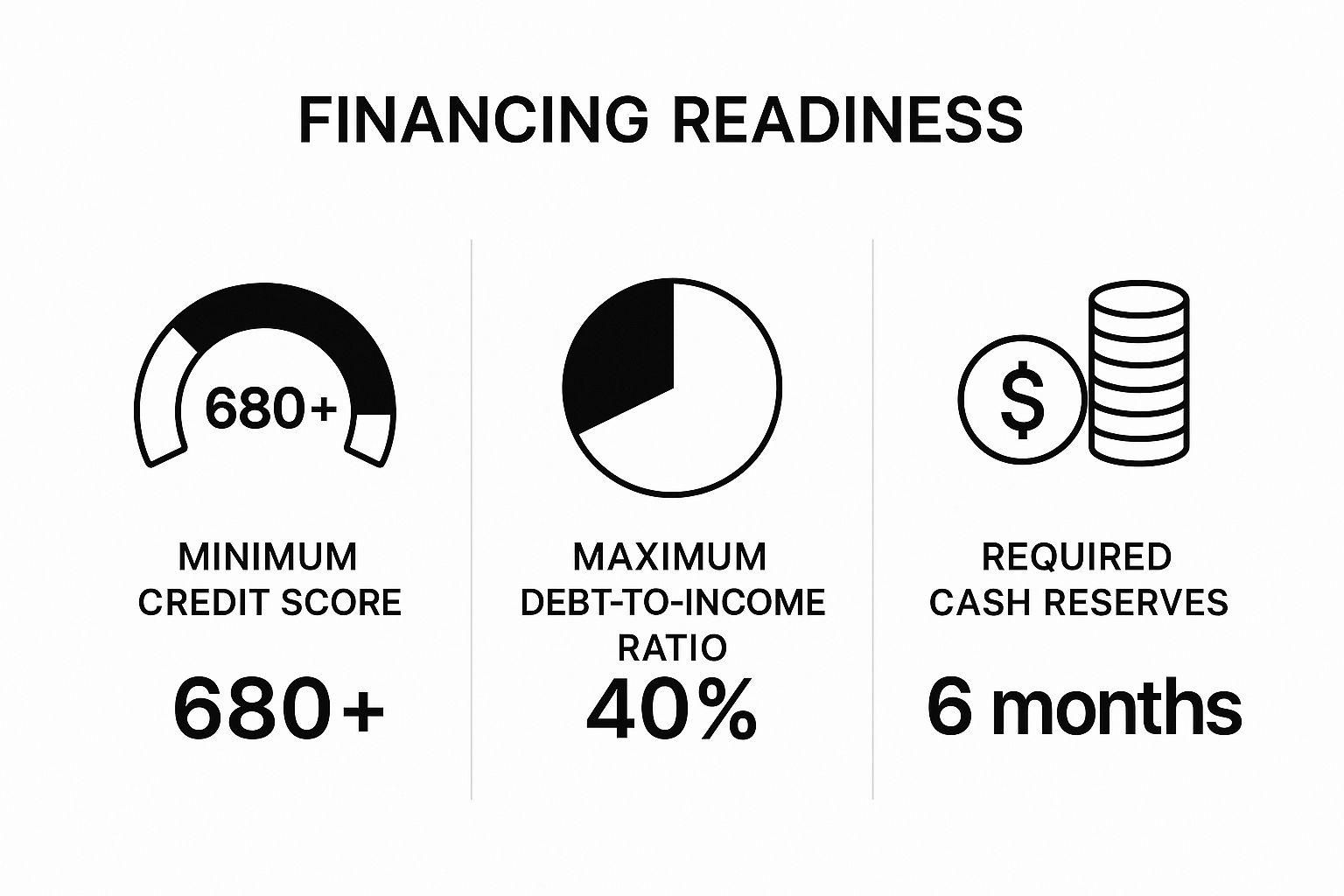 Infographic showing key financing readiness metrics: minimum credit score of 680+, maximum DTI of 40%, and required cash reserves of 6 months.