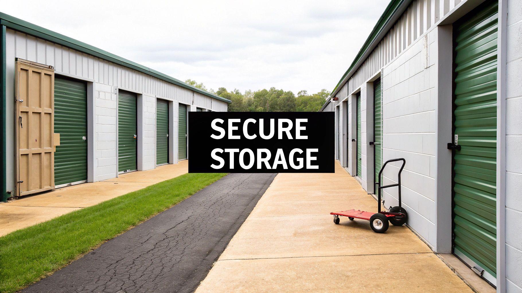 A row of self-storage units with green doors, a central path, and a 'SECURE STORAGE' sign.