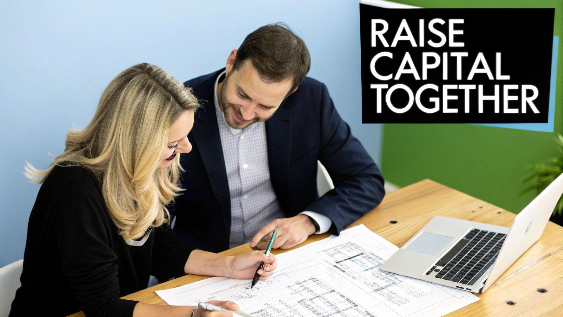 Two professionals collaborate on documents and a laptop during a business meeting about capital raising.