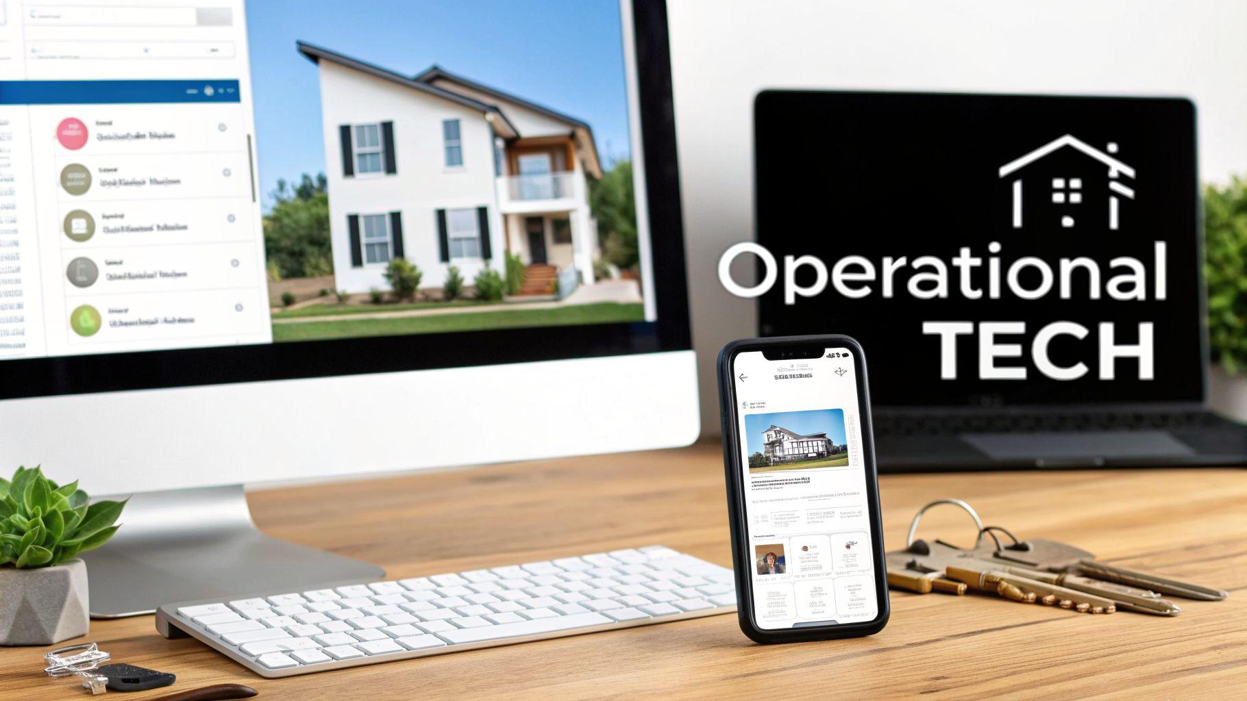 Desk with monitor displaying a modern house and CRM, a laptop with 'Operational TECH' logo, and a smartphone showing a property app.