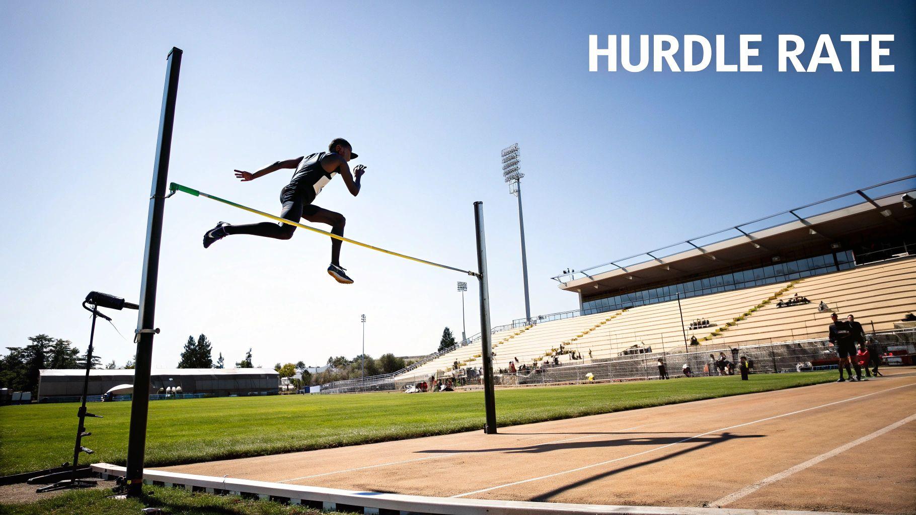 Real estate investor reviewing financial documents with a magnifying glass, symbolizing the analysis of a hurdle rate.