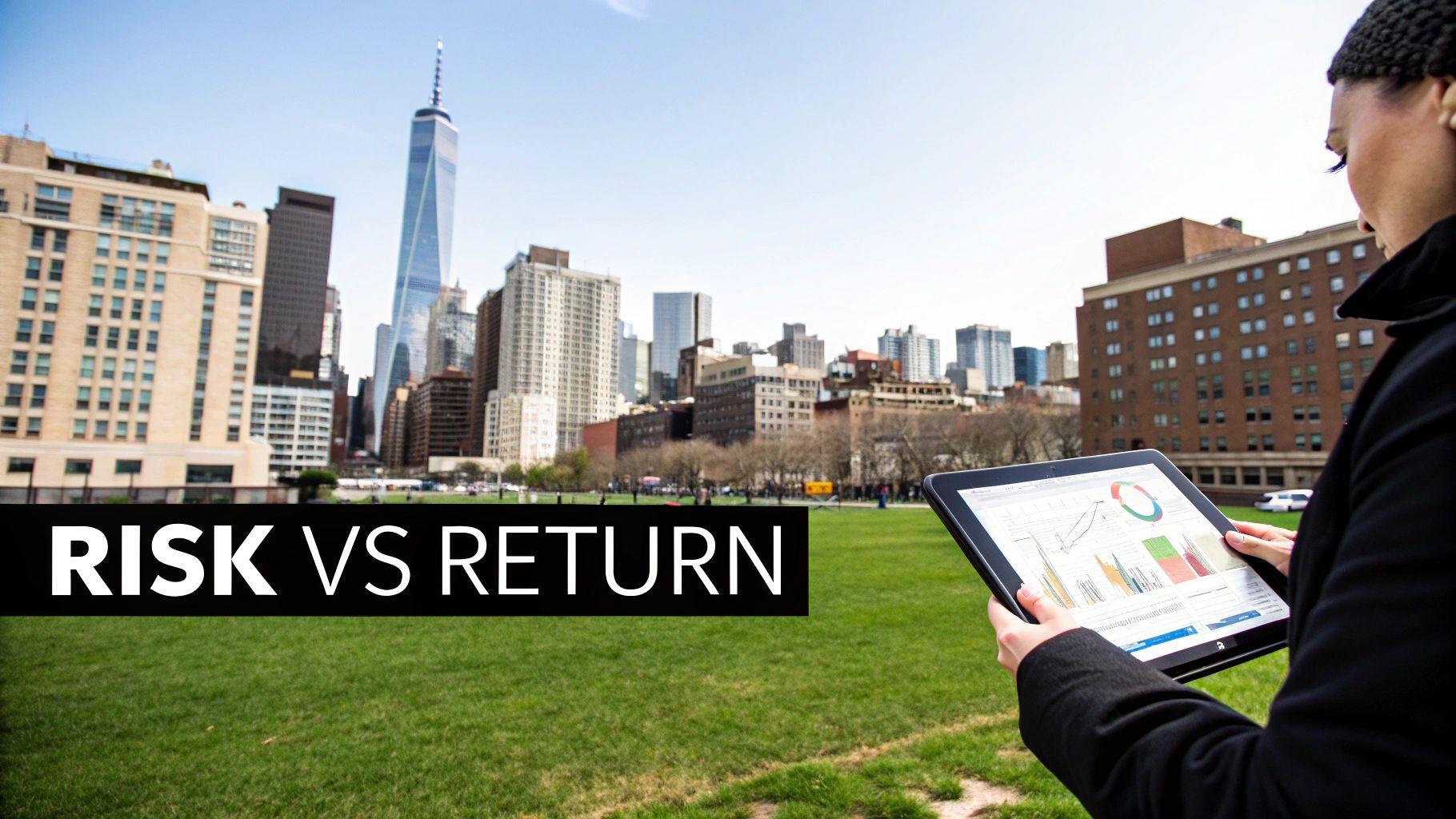Business professional analyzing investment risk versus return data on tablet in urban setting