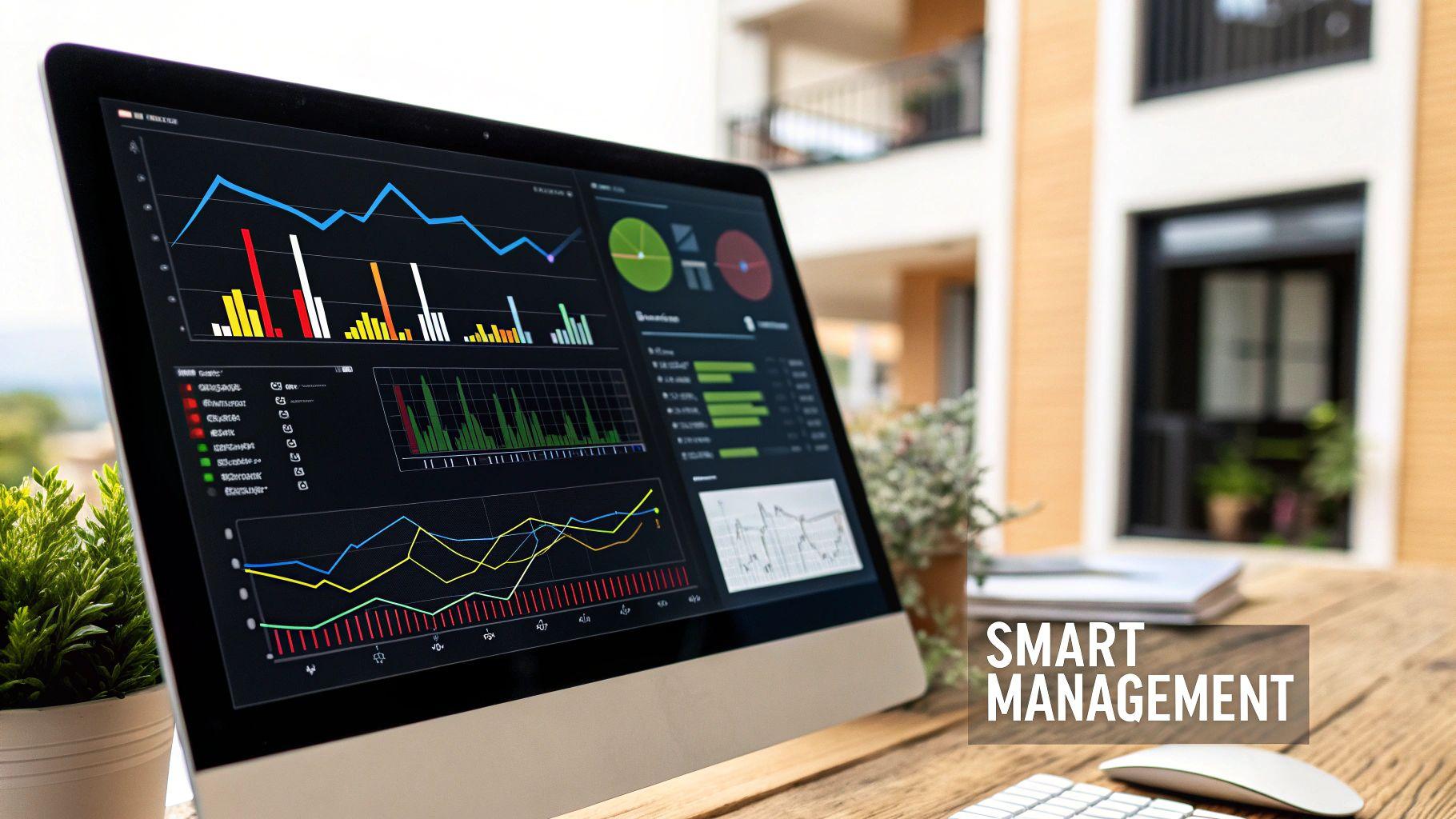 A person using a tablet to analyze real estate data with modern building schematics in the background.