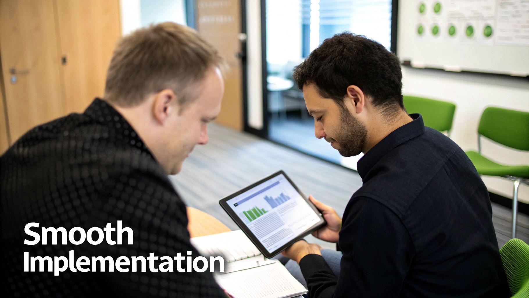 Two business professionals collaborate on a tablet displaying charts in a modern office environment.