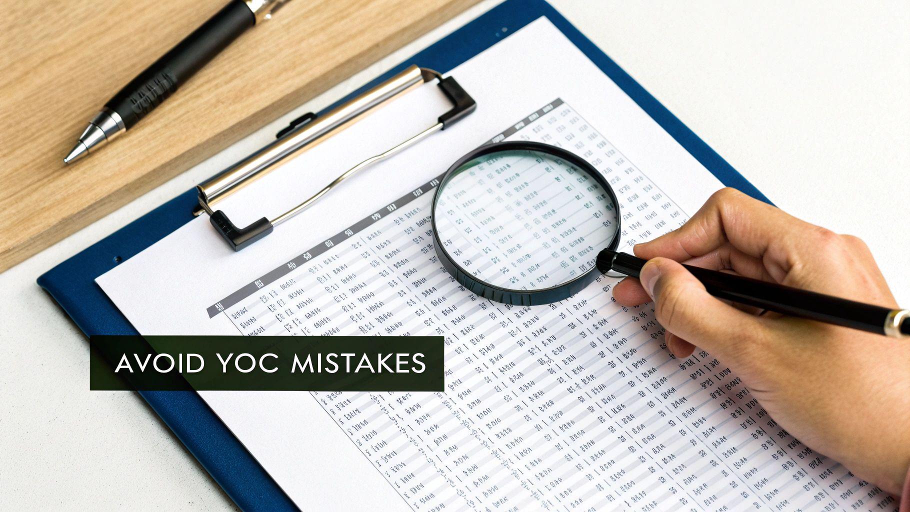 Hand using a magnifying glass to carefully examine a financial document on a clipboard.