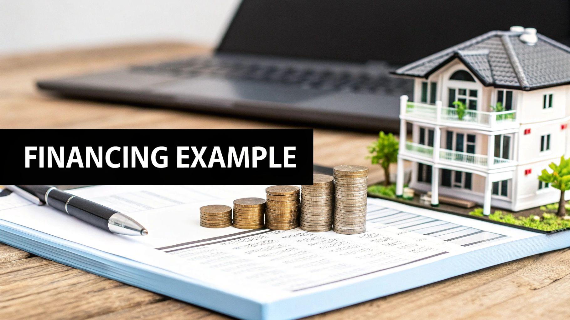 A miniature house, increasing stacks of coins, and financial documents, illustrating a financing example.