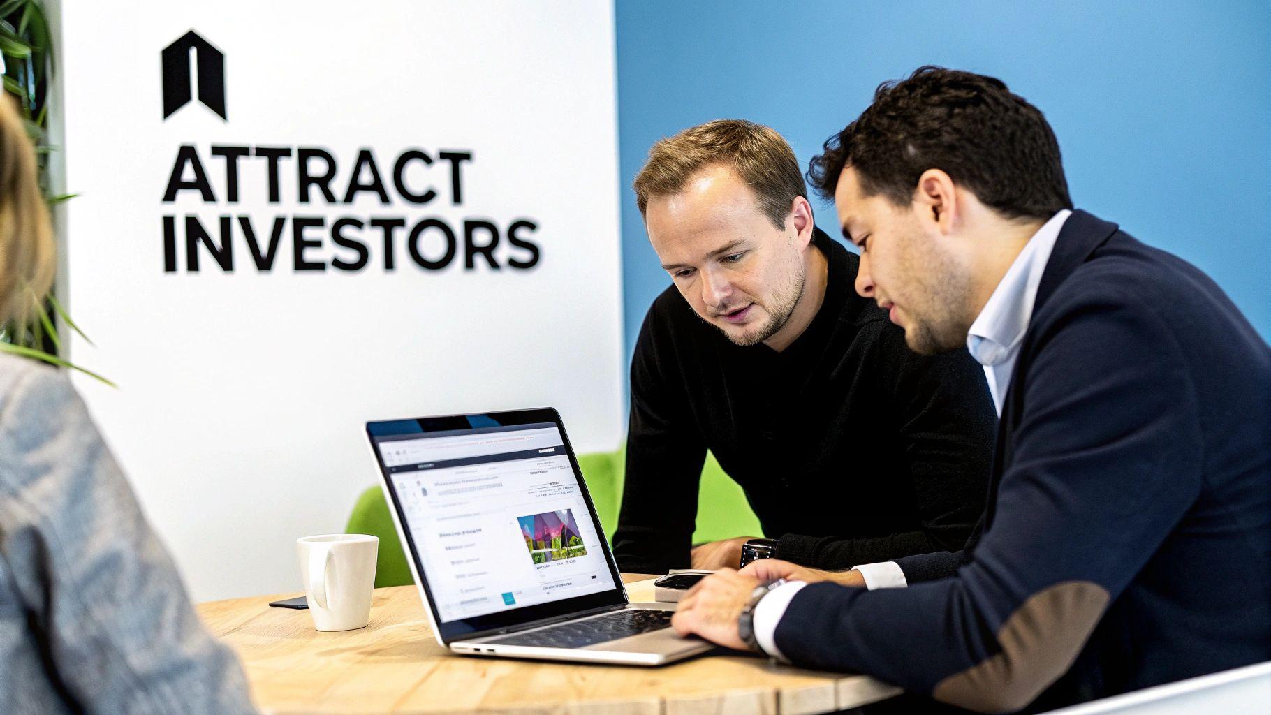 Two men and a woman looking at a laptop in an office with "ATTRACT INVESTORS" on the wall.