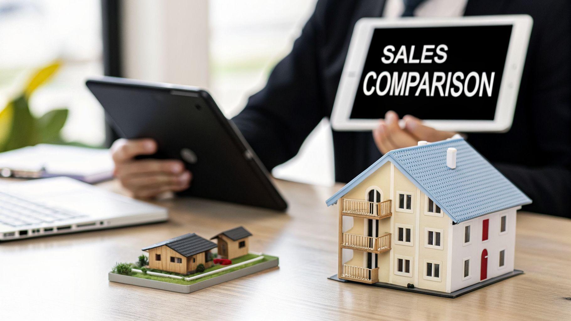 A person comparing house models with 'SALES COMPARISON' displayed on tablets.