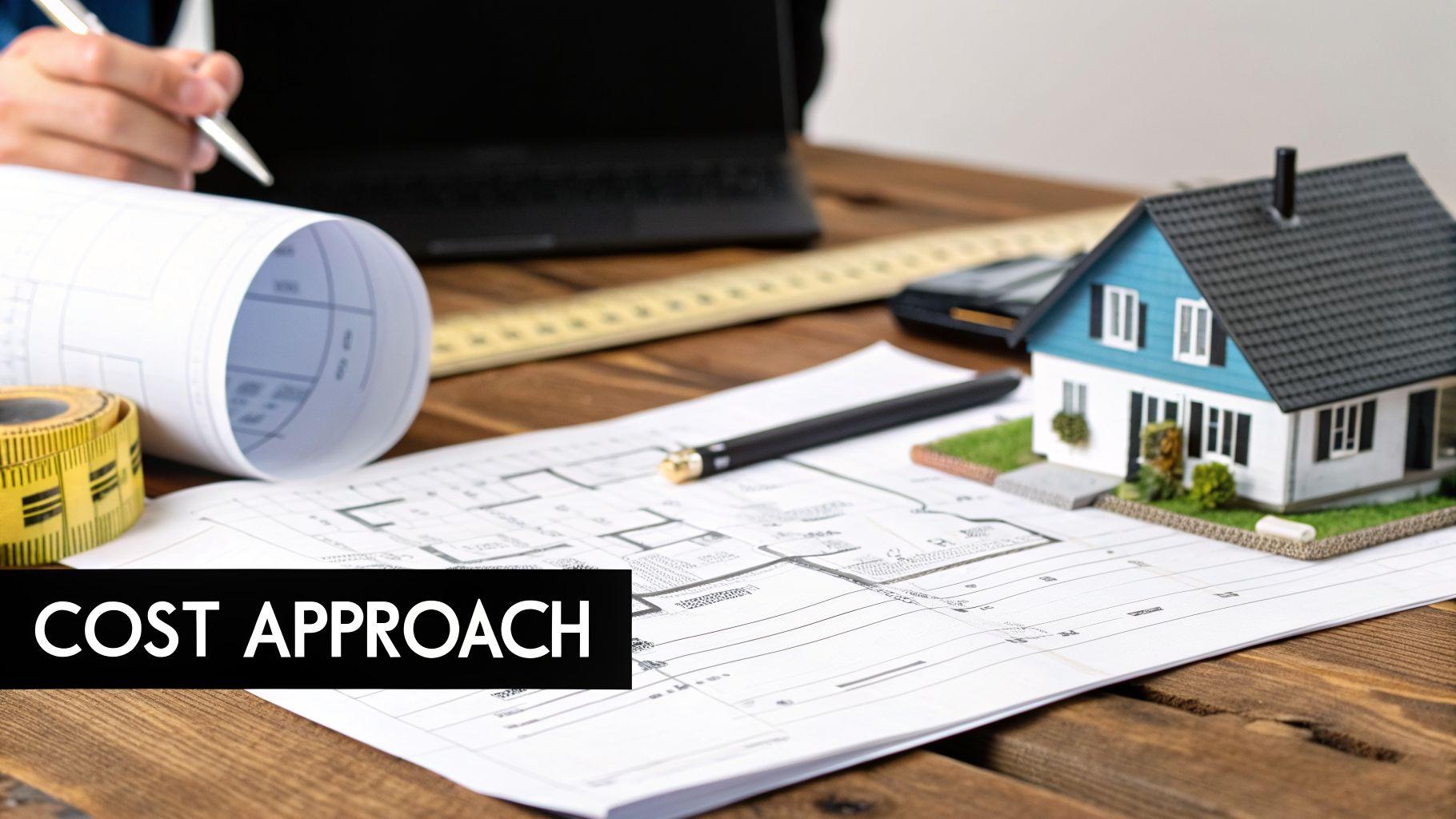 Architect working on house plans with a model home, calculator, and measuring tape on a wooden desk. Text: COST APPROACH.