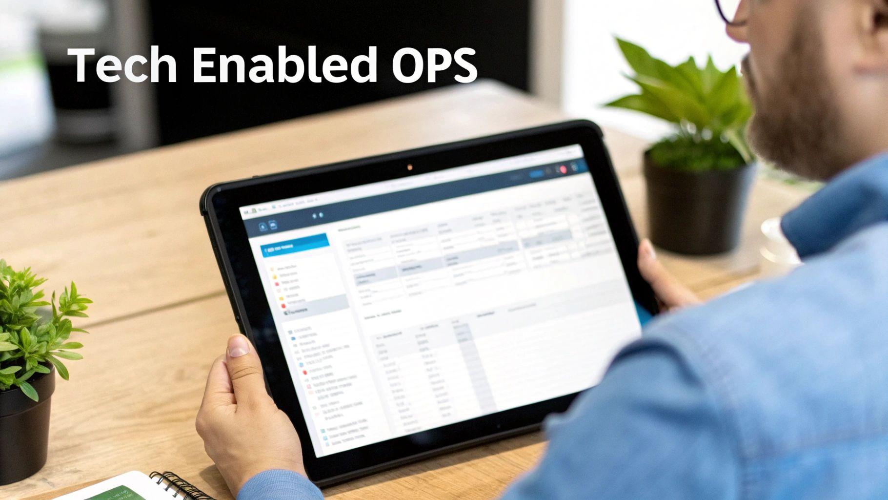 Person holding a tablet displaying business data, emphasizing tech-enabled operations on a wooden table.