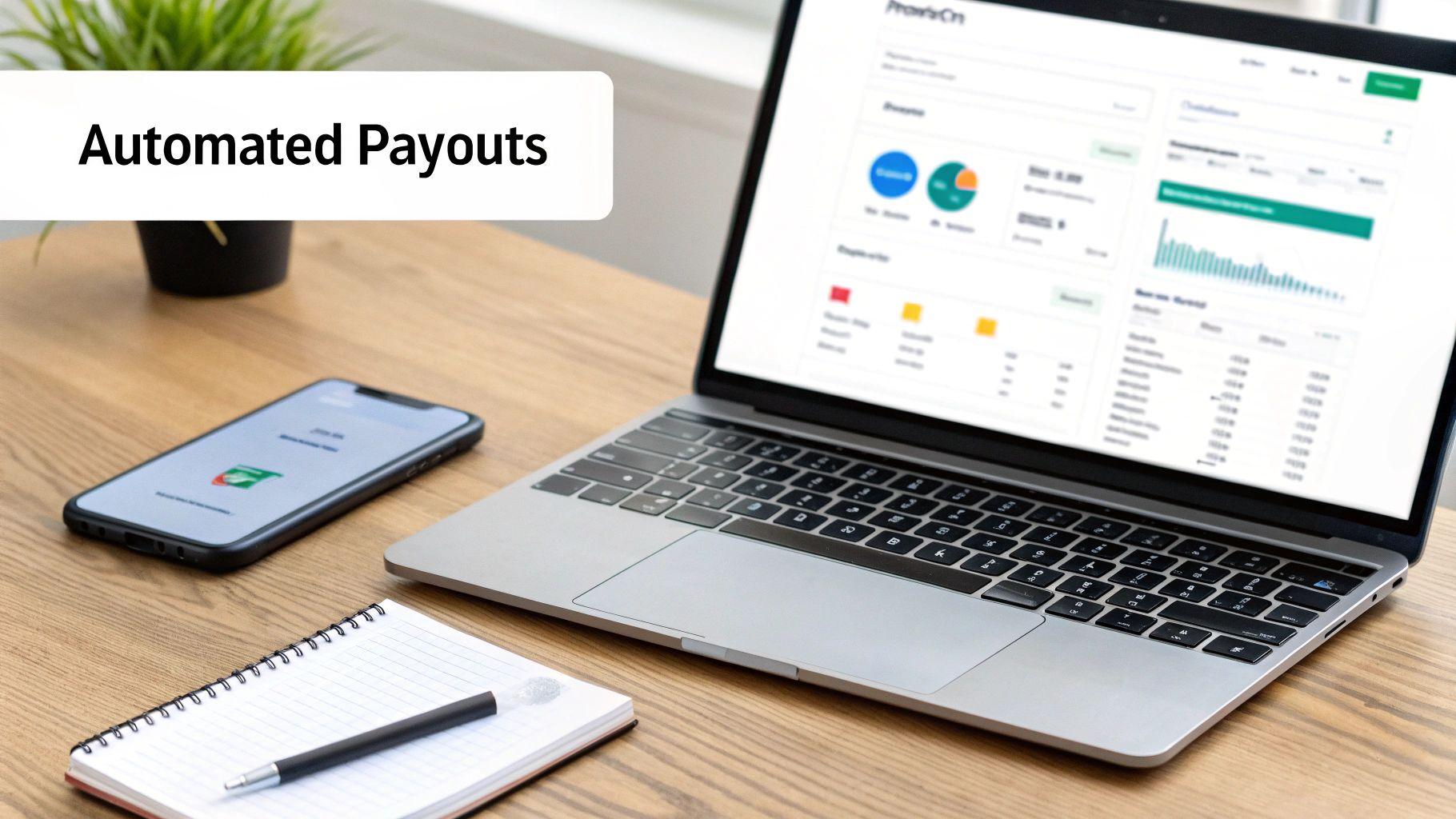 A laptop displaying a financial dashboard, a smartphone, and a notebook on a wooden desk, with 'Automated Payouts' text.