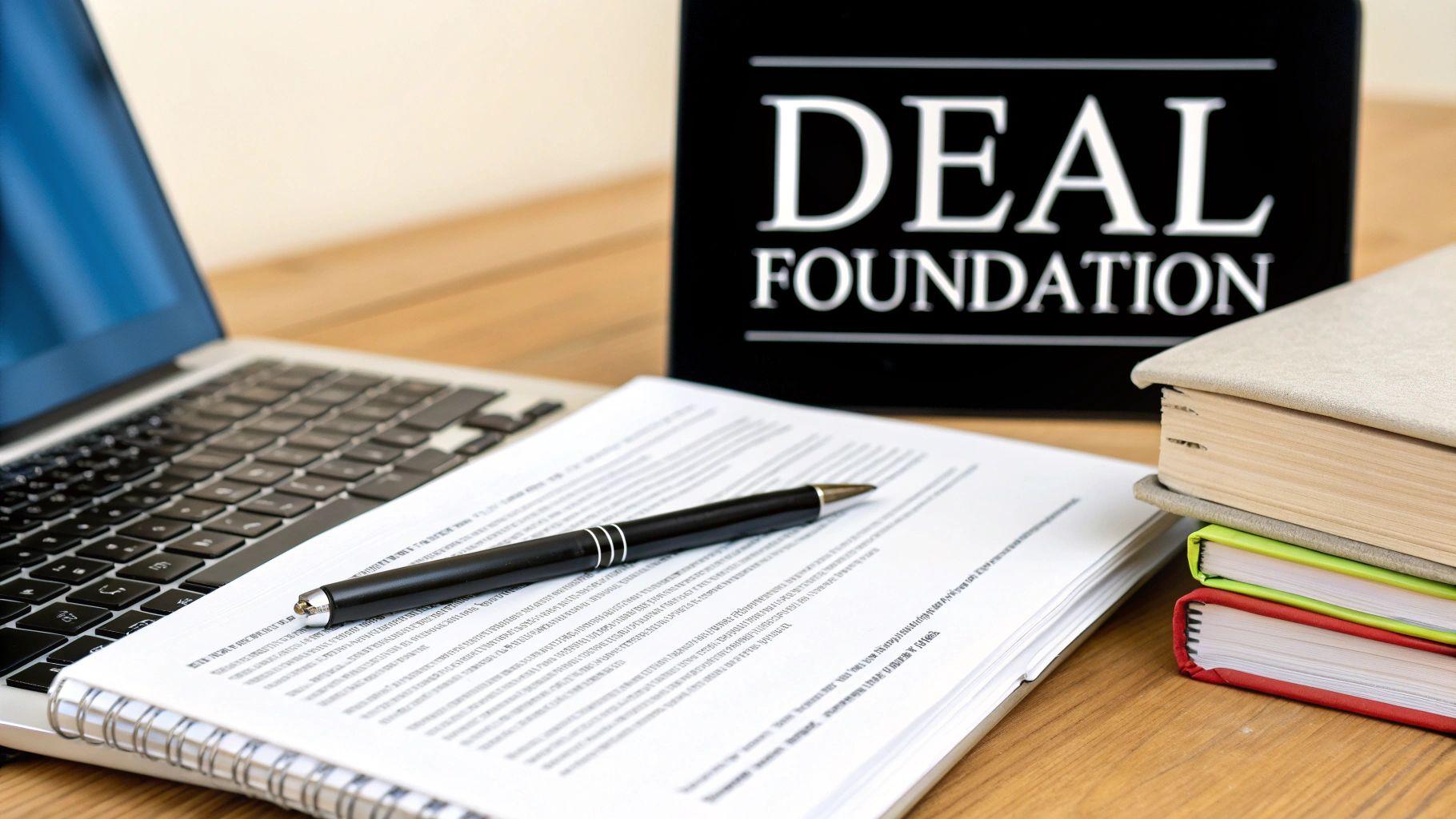 Architectural blueprints and a hard hat on a wooden table, symbolizing the planning and foundation of a real estate deal.