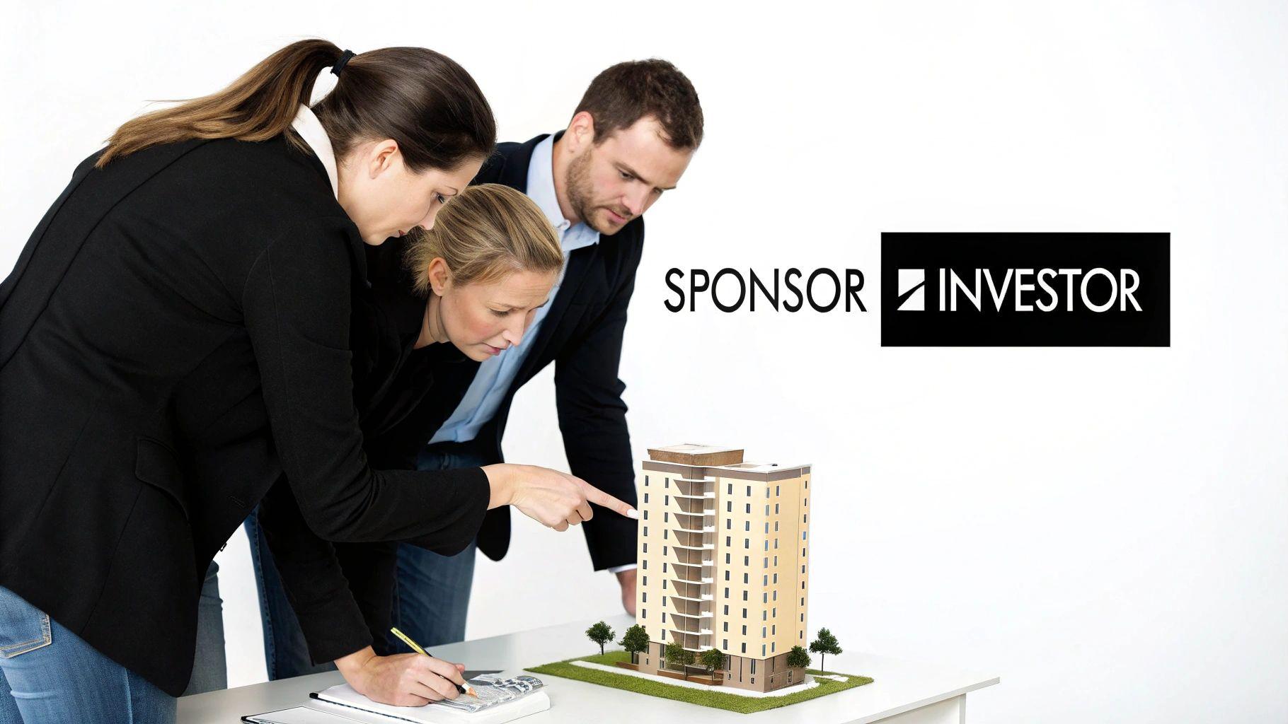 Three business professionals analyze a real estate building model on a table, with a 'SPONSOR INVESTOR' logo.