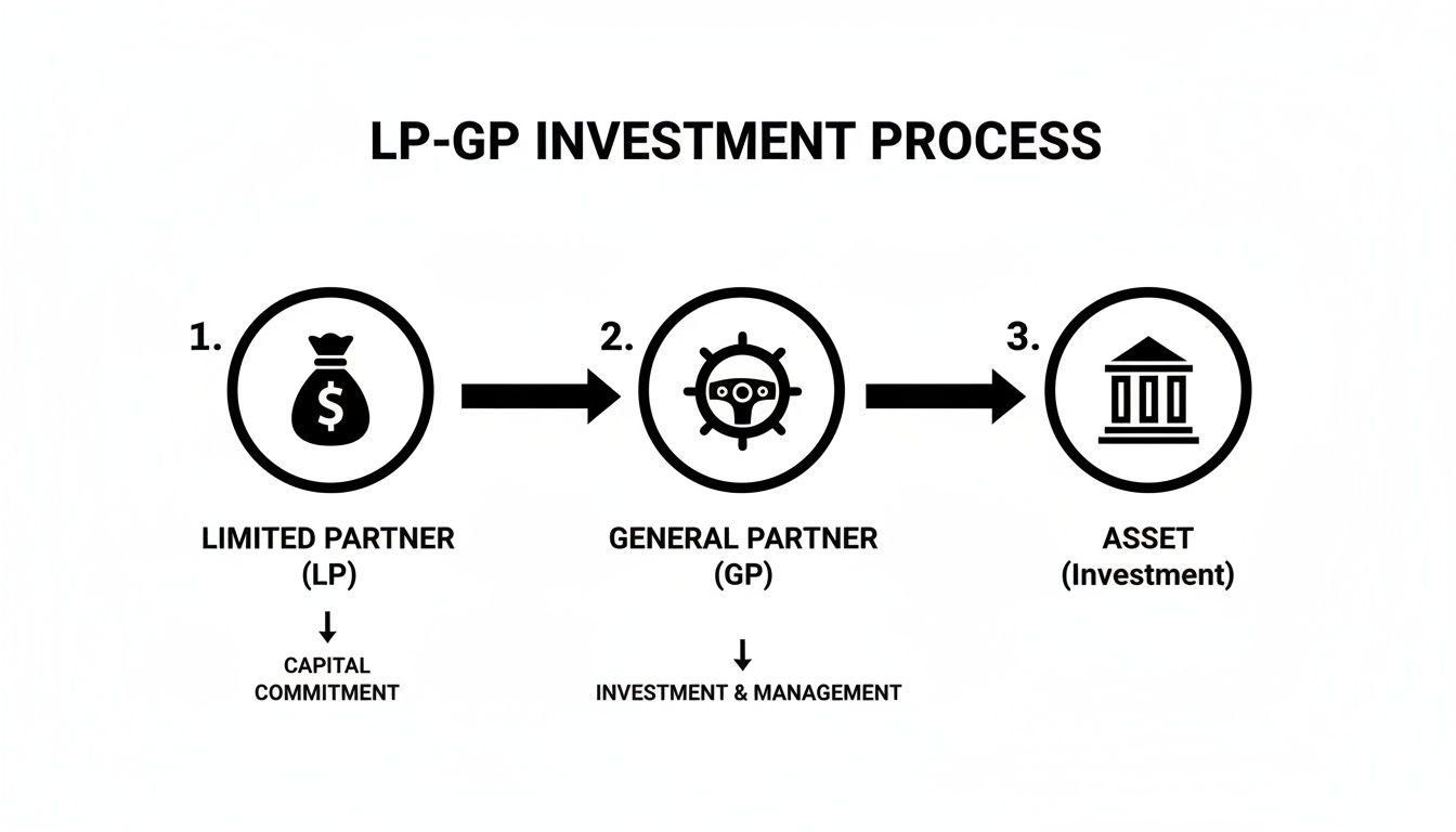 Flowchart depicting the LP-GP investment process from capital commitment to asset management.