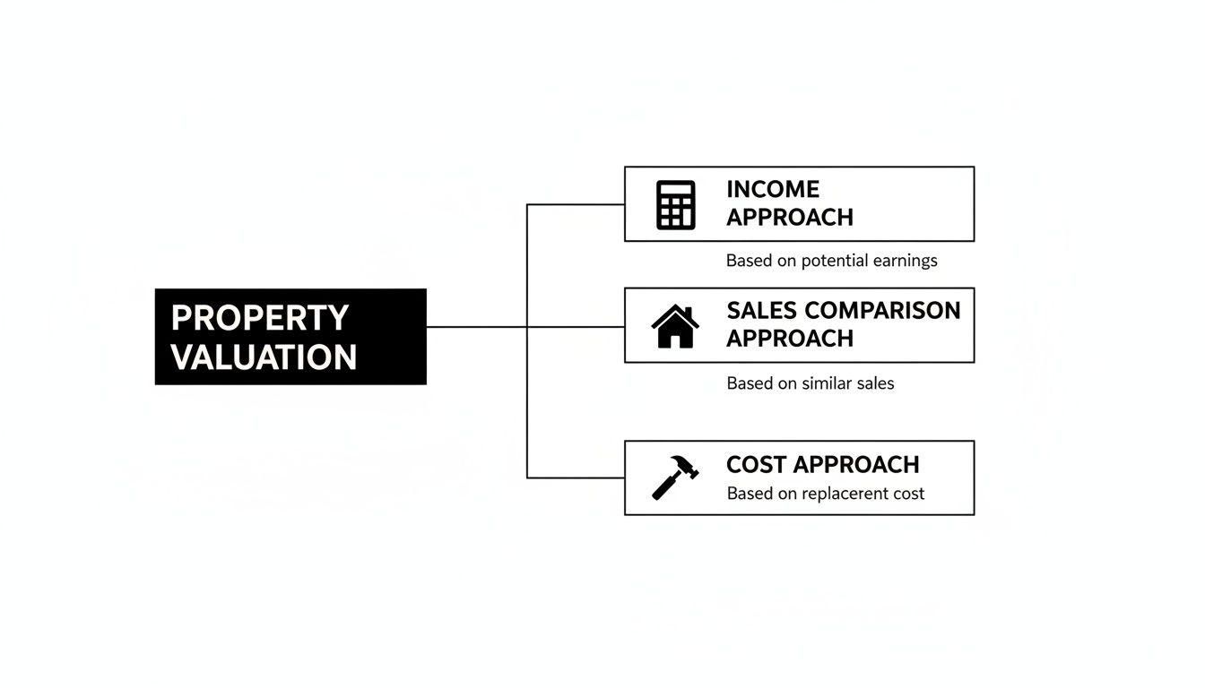 Diagram illustrating three main approaches to property valuation: Income, Sales Comparison, and Cost methods.