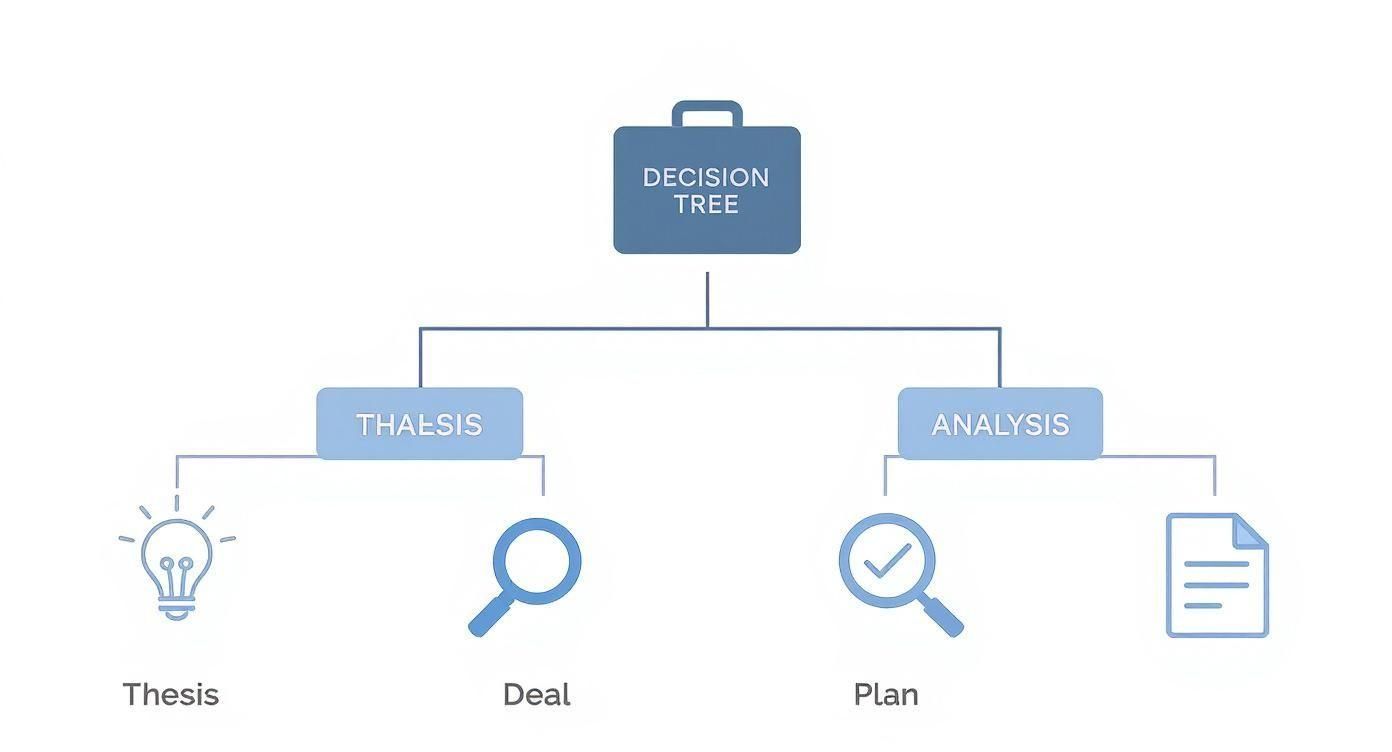 A decision tree diagram illustrating Thalæsis (Thesis, Deal) and Analysis (Plan, Document) as key business components.