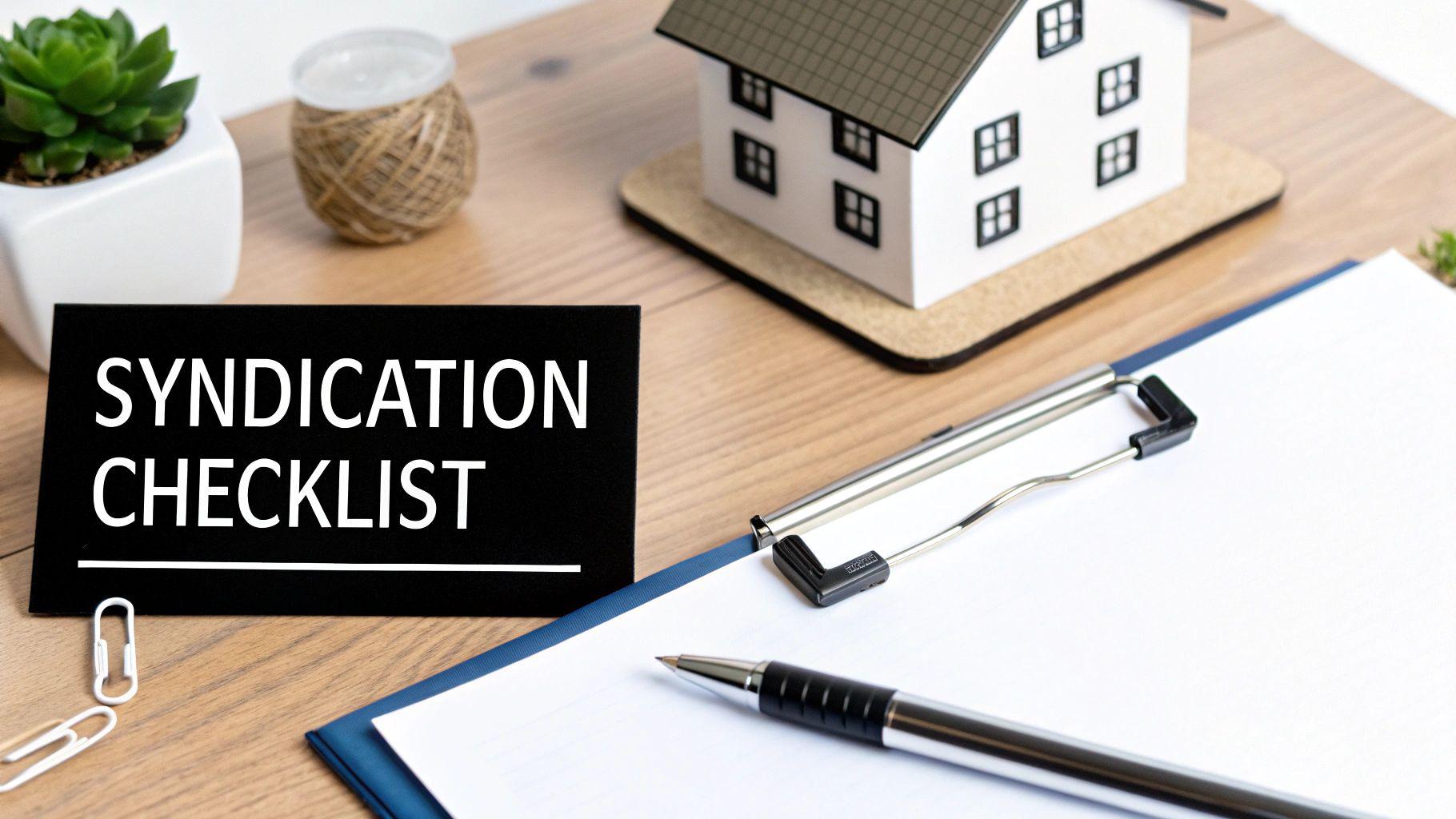 Desk with 'SYNDICATION CHECKLIST' sign, a model house, plant, clipboard, and pen for real estate planning.