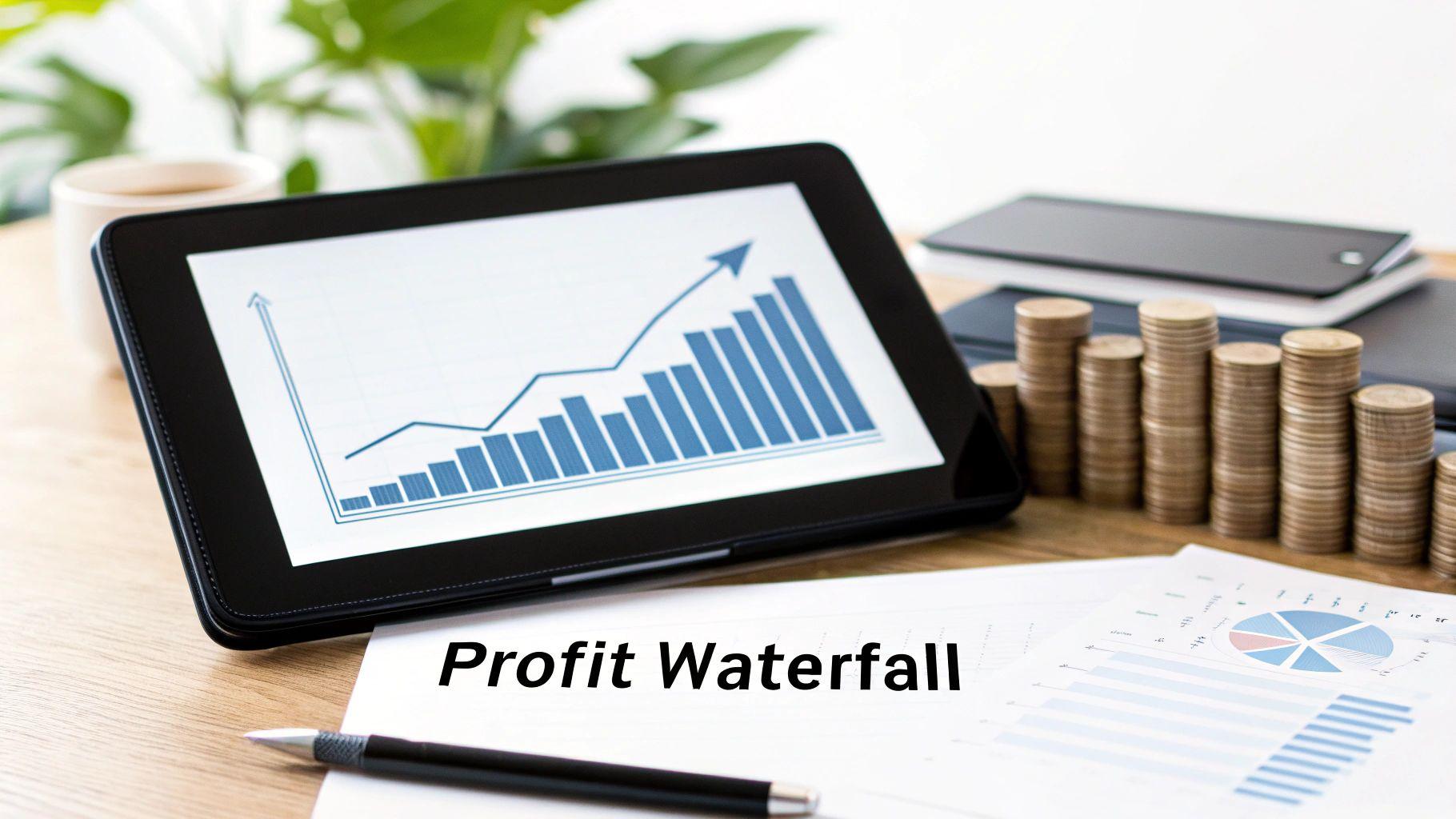 A tablet displays a financial growth chart next to stacks of coins and a document titled 'Profit Waterfall'.