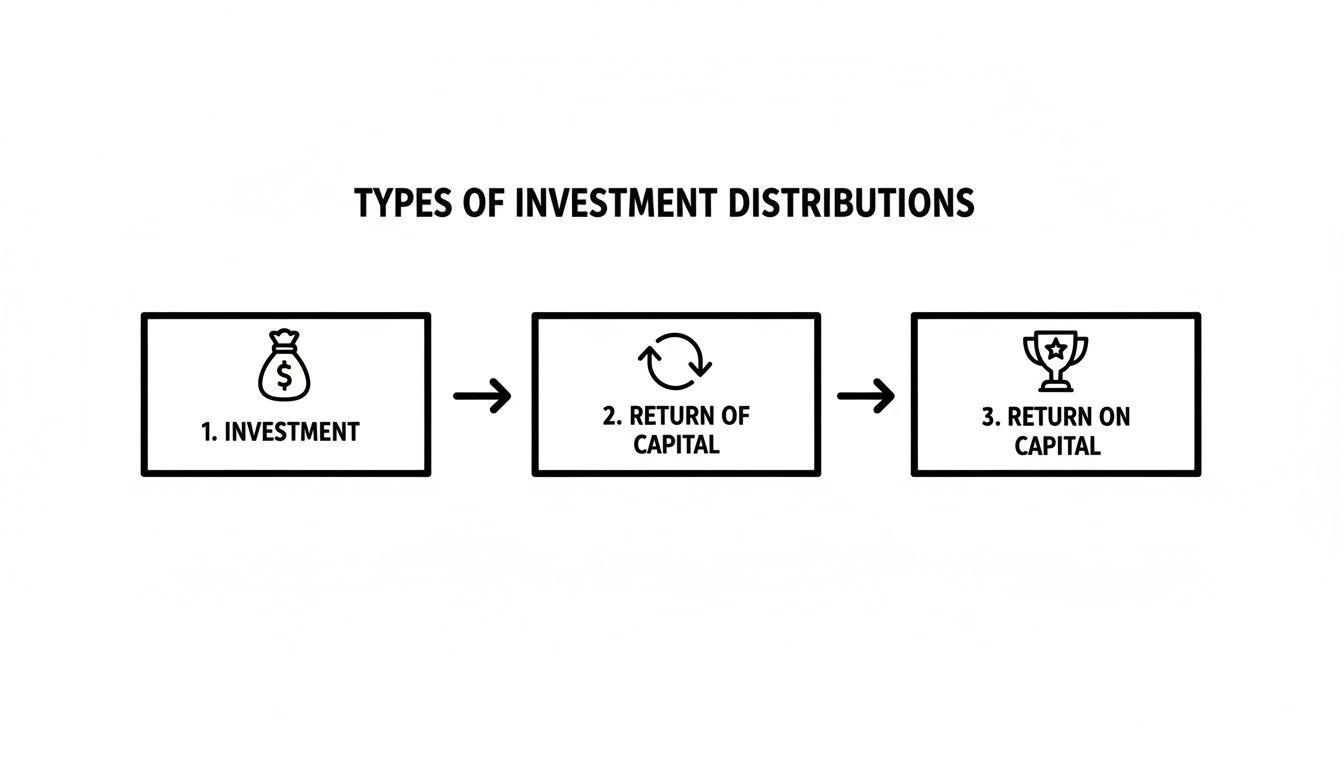 A flowchart illustrates three types of investment distributions: Investment, Return of Capital, and Return on Capital.