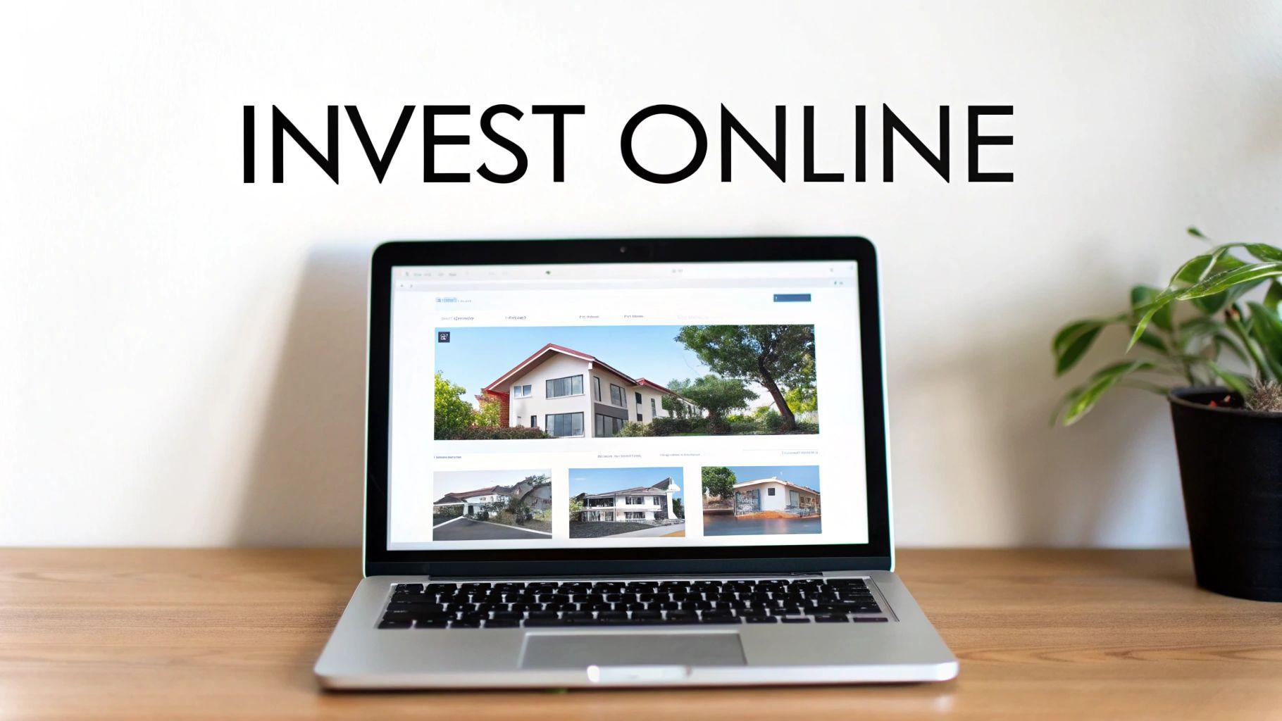 A laptop displaying a real estate investment website with various house listings, and 'INVEST ONLINE' text.