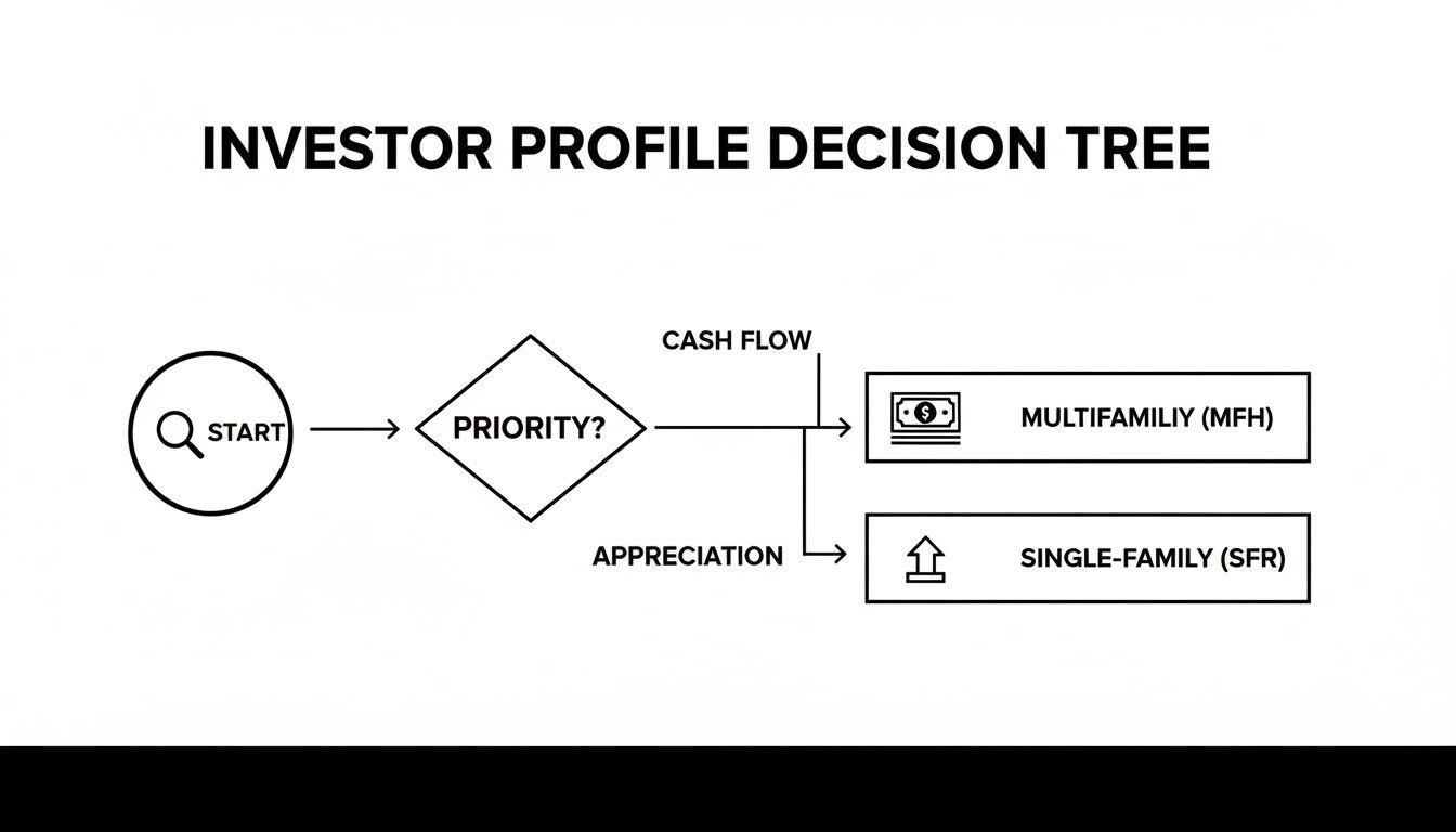 Flowchart: Investor profile decision tree guiding real estate choices based on cash flow (multifamily) vs. appreciation (single-family).