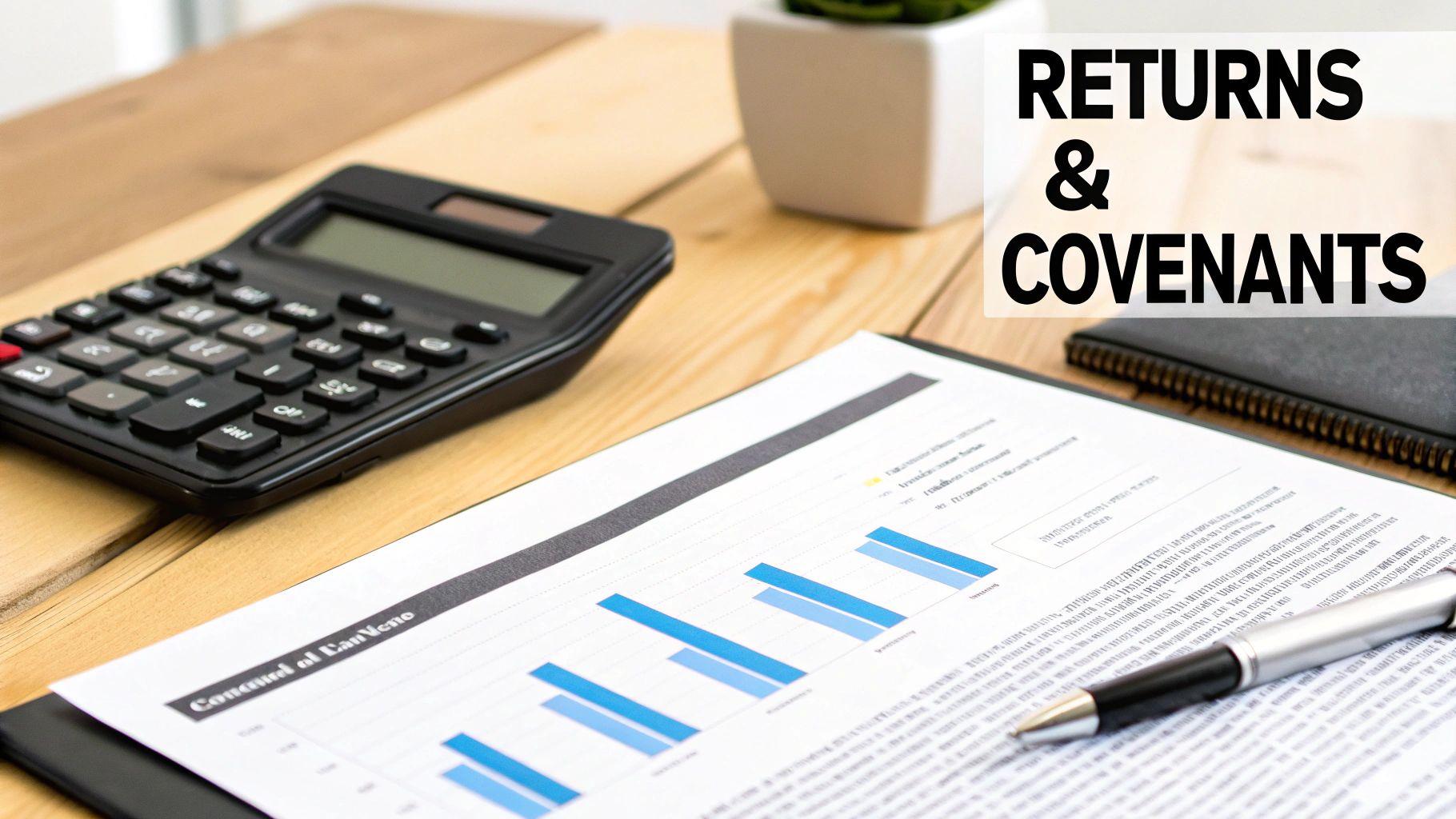 Financial documents with bar charts, calculator, and pen on desk for returns and covenants analysis