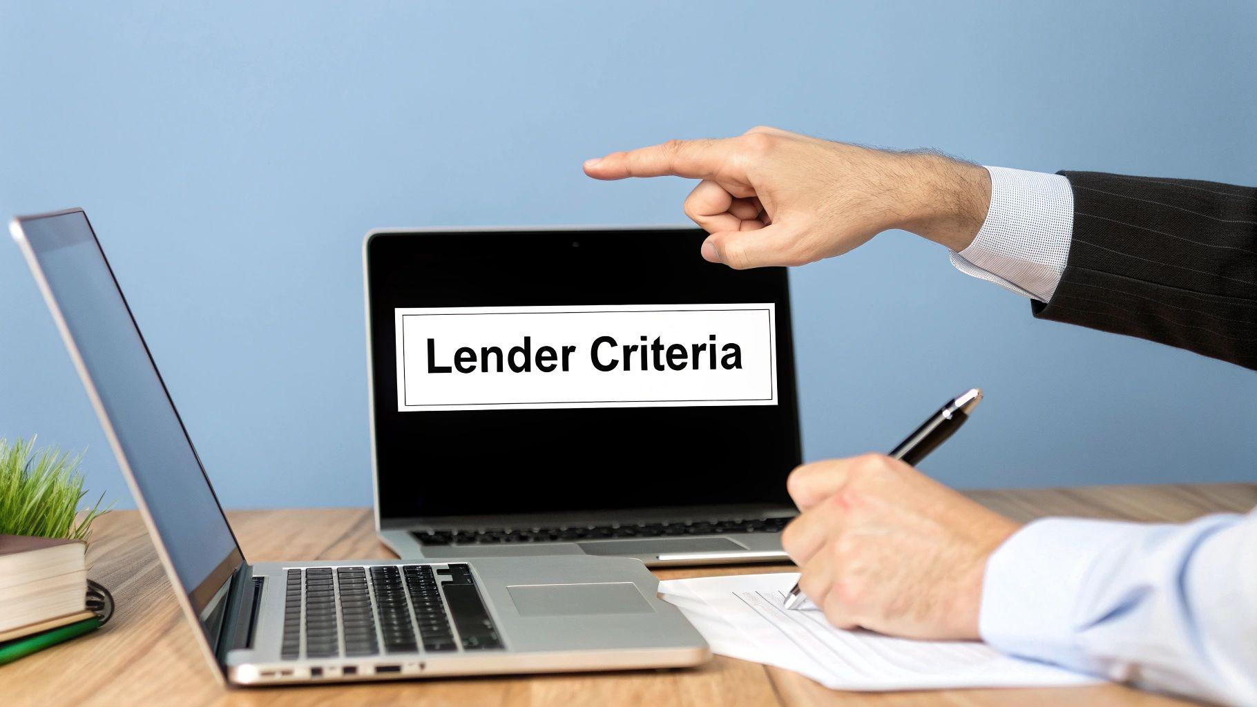 A person's hand points to a laptop screen displaying 'Lender Criteria' while another writes notes.