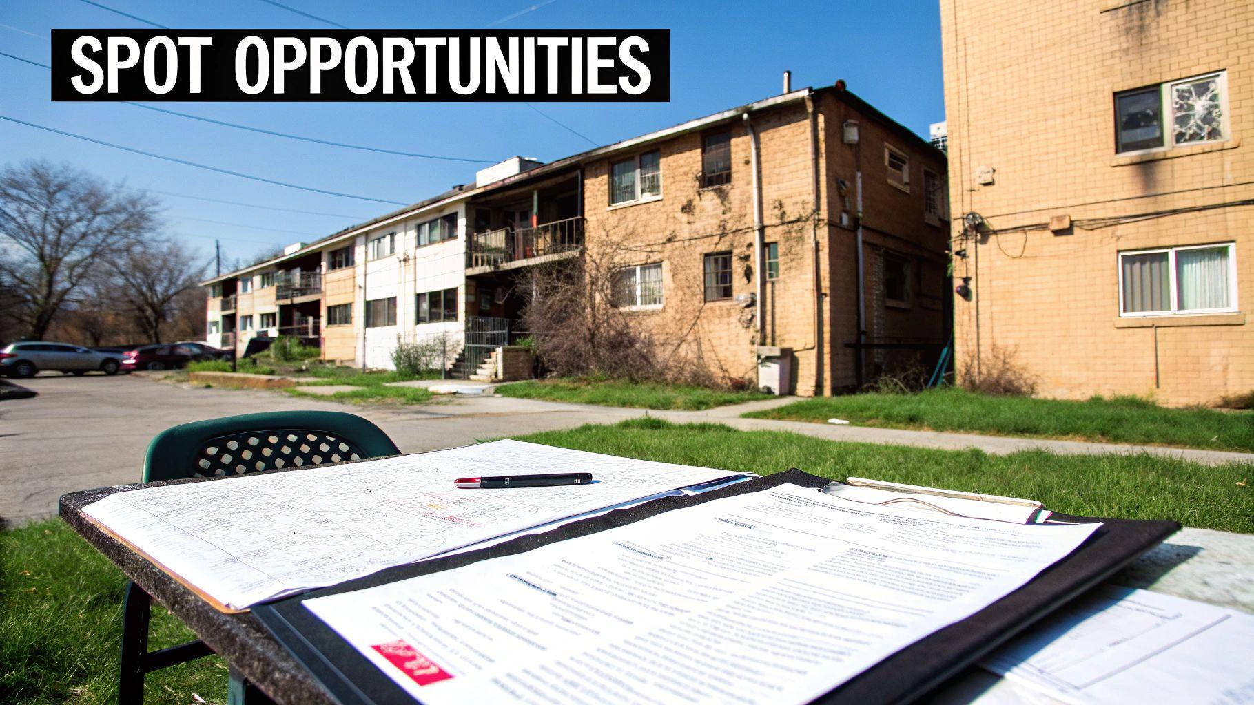 A real estate agent showing a couple a property, symbolizing the search for a value-add opportunity.