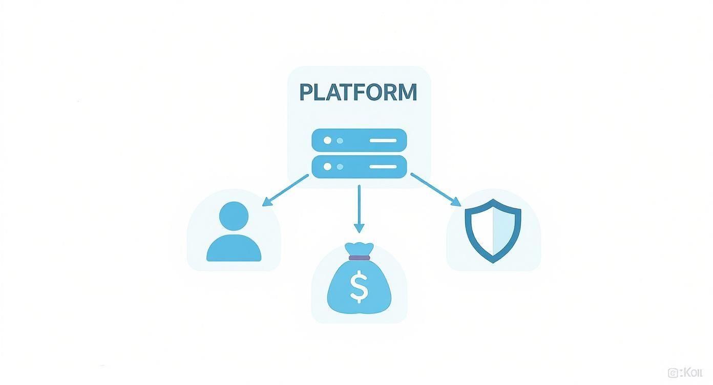 A diagram of a central platform connecting user, investment money, and security icons.