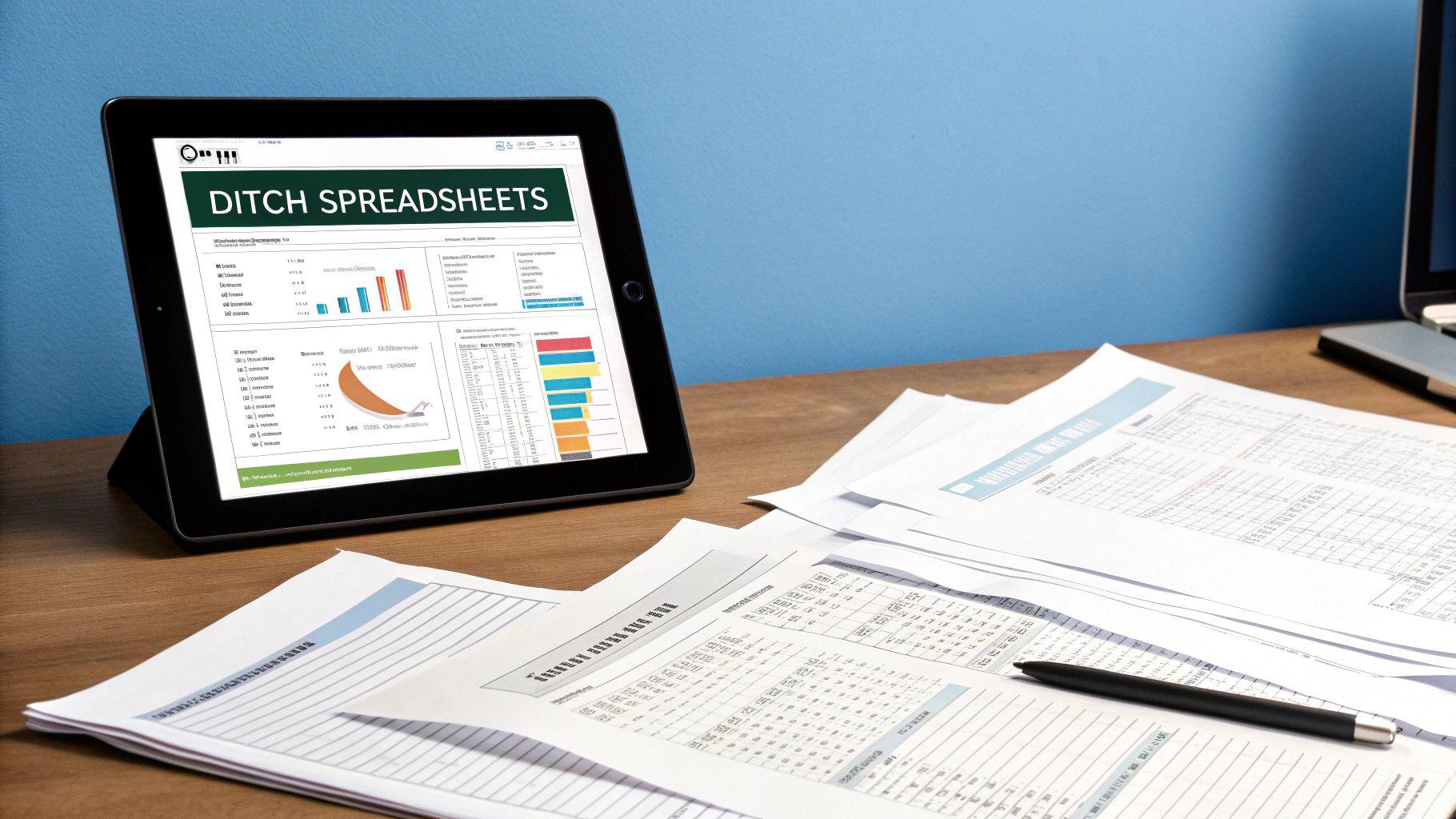 A tablet displaying 'DITCH SPREADSHEETS' with charts, next to papers and a pen on a wooden desk.